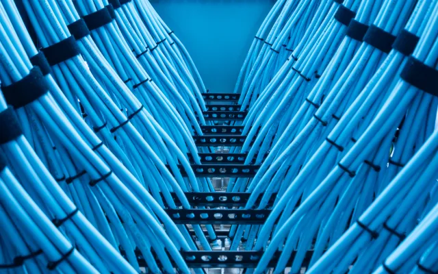Rows of organized blue network cables secured with black straps in a data center.