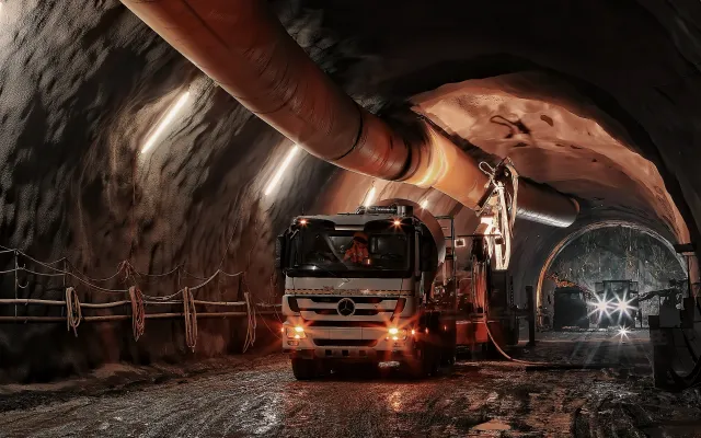 Large mining vehicle with lights on inside a dimly lit underground mine tunnel.