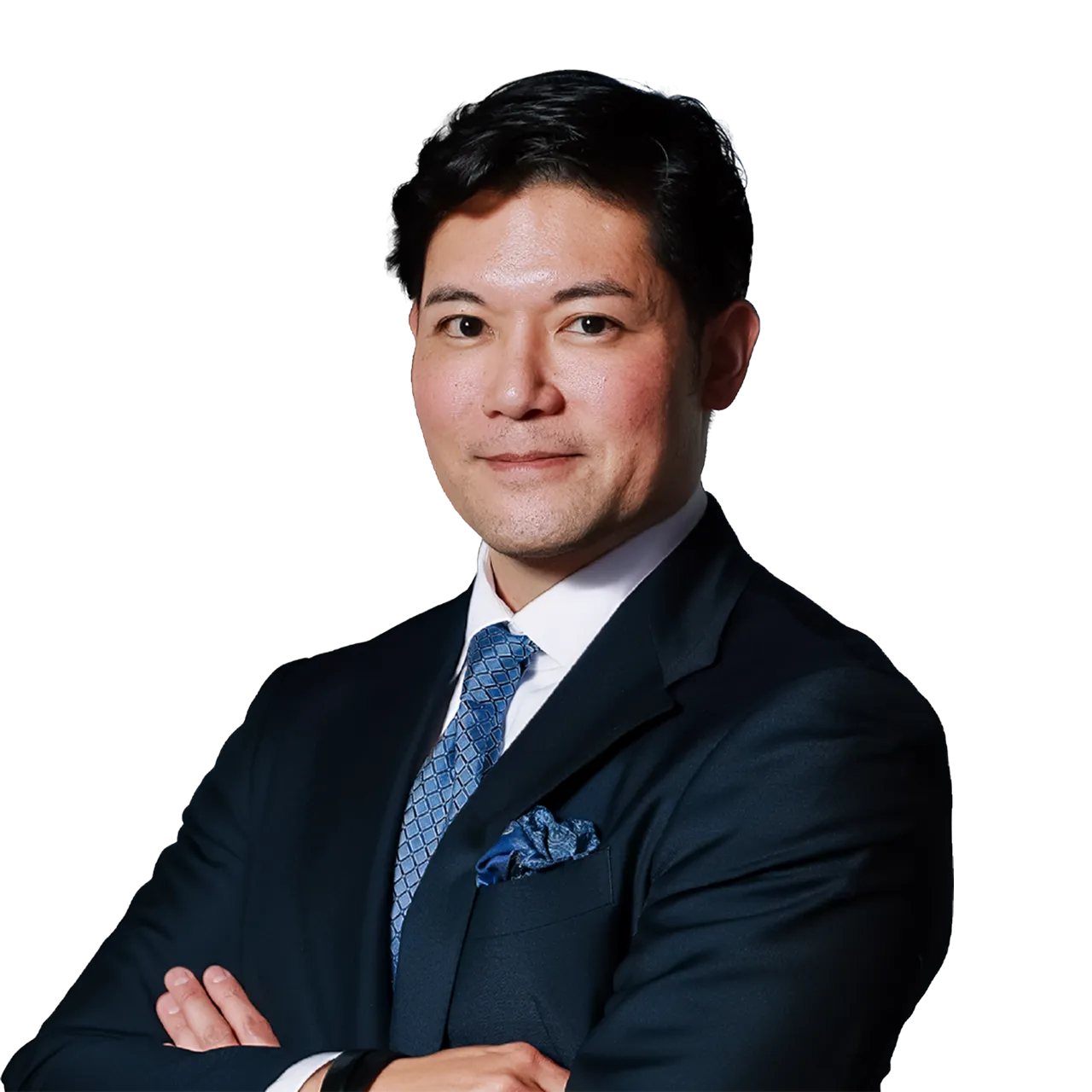 Mitsuo Shimofuji, Co-founder, President and CEO,
Board of Directors of ZettaJoule, in a dark suit, blue patterned tie, and pocket square with arms crossed.