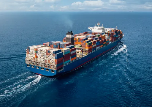 Large cargo ship carrying colorful shipping containers sailing on calm blue ocean under a partly cloudy sky.