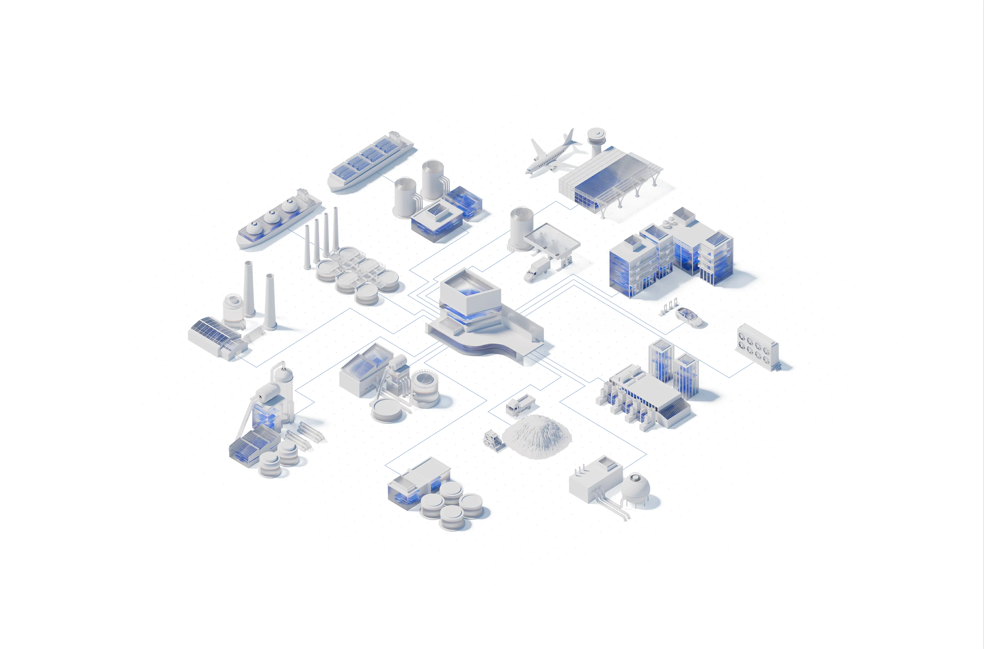 Isometric illustration of a complex industrial and energy network including factories, storage tanks, ships, an airplane, trucks, solar panels, and buildings connected by lines.