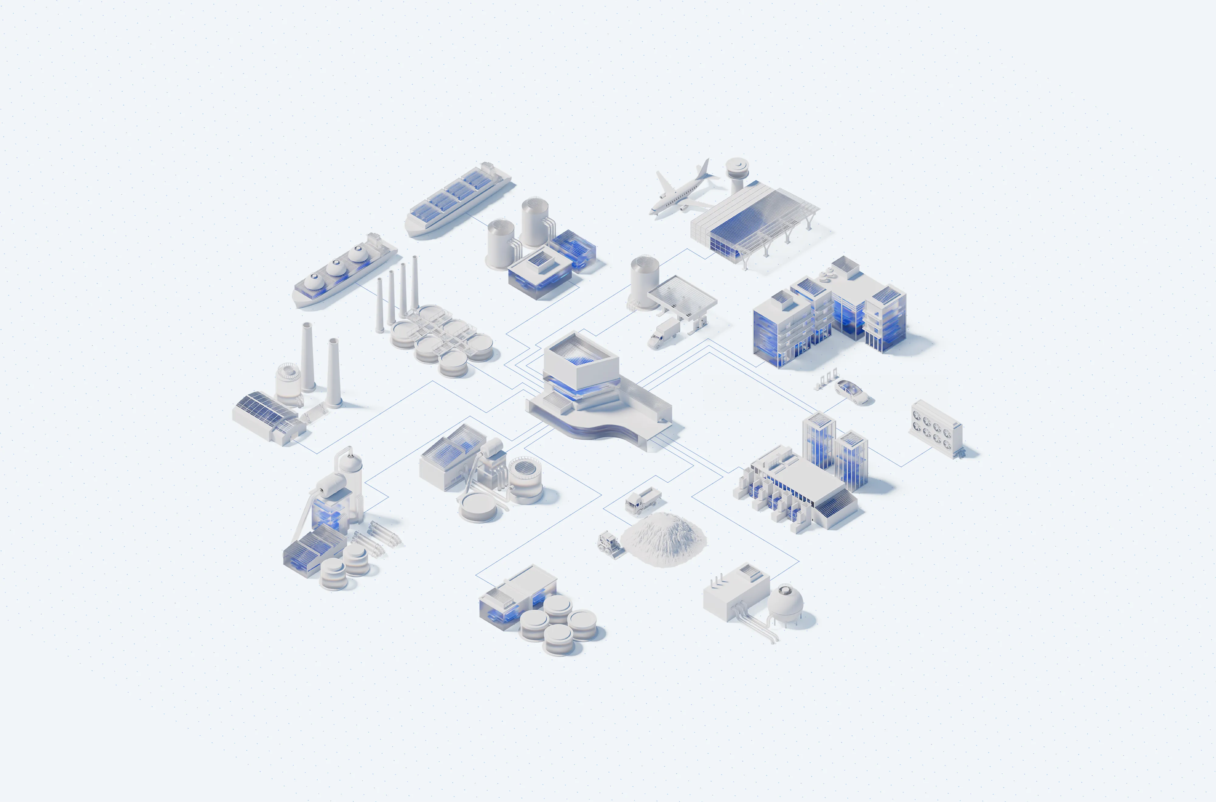 Isometric illustration of interconnected industrial, commercial, and transport buildings including factories, warehouses, ships, planes, and vehicles with blue highlights.