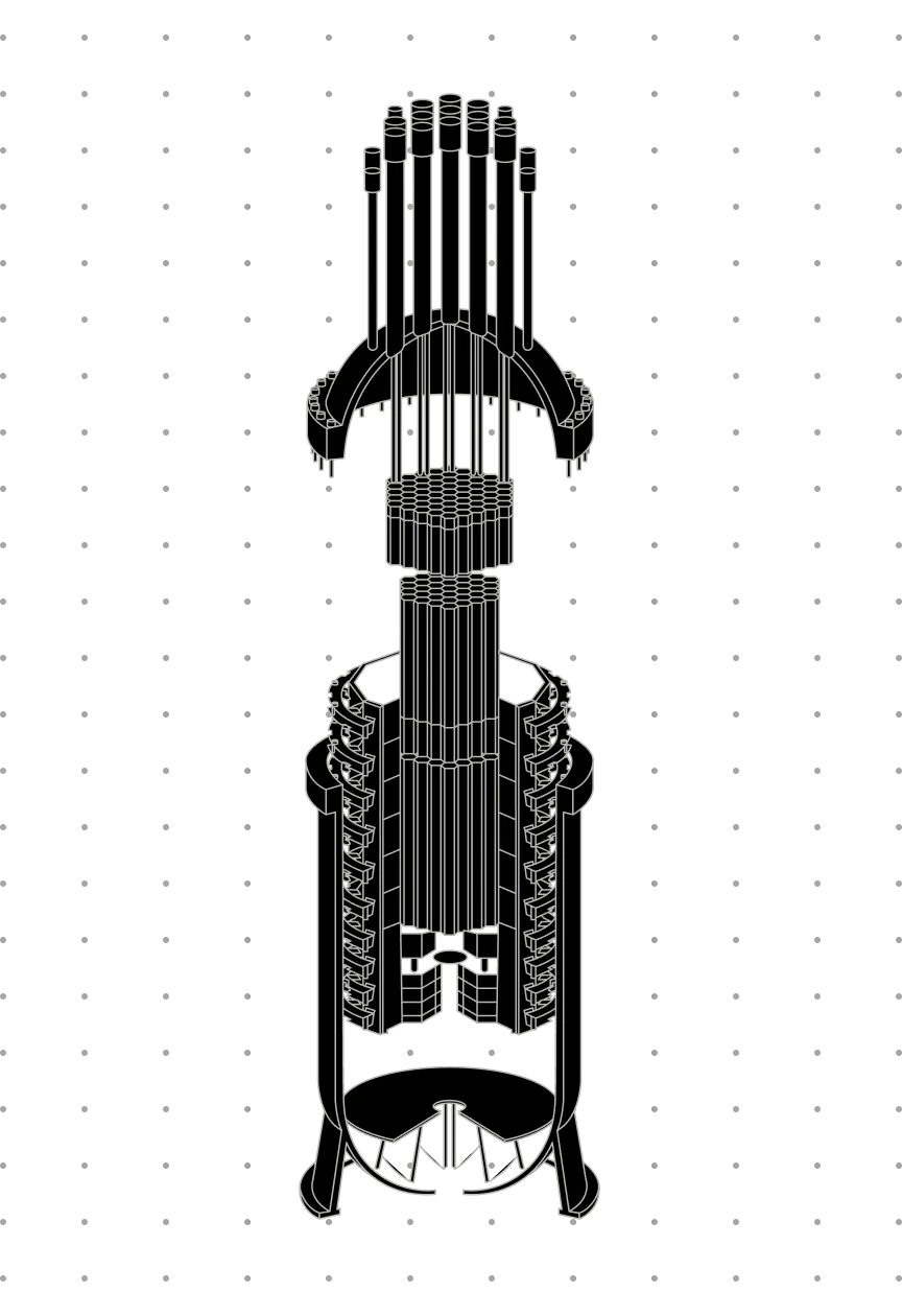 Wireframe diagram of a nuclear reactor.