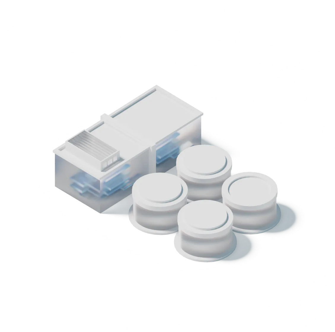 Isometric illustration of a desalination plant with a building and four large cylindrical tanks.