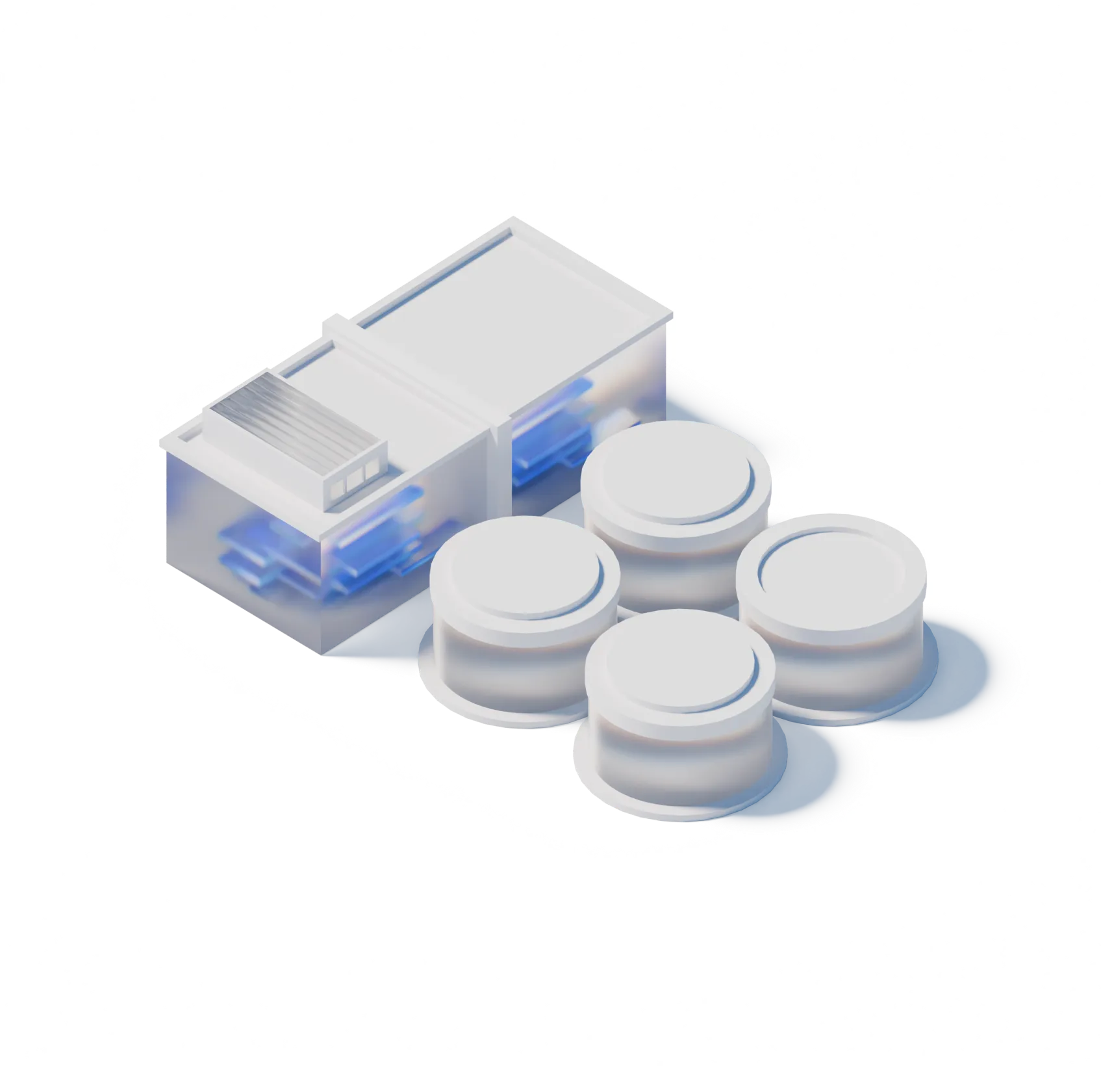 Isometric illustration of a desalination plant with a building and four large cylindrical tanks.
