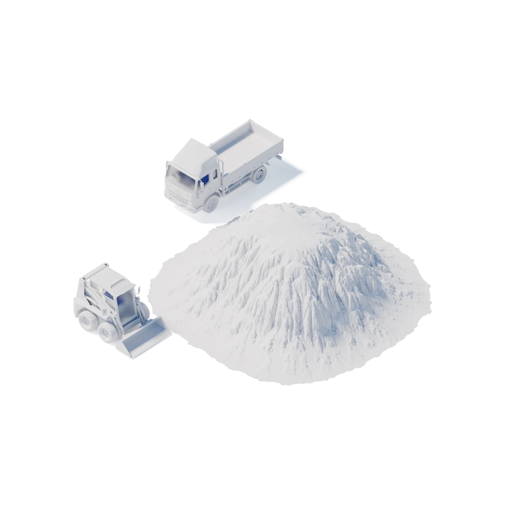 Isometric illustration of a mining dump truck, a bulldozer, and a large pile of mined material.