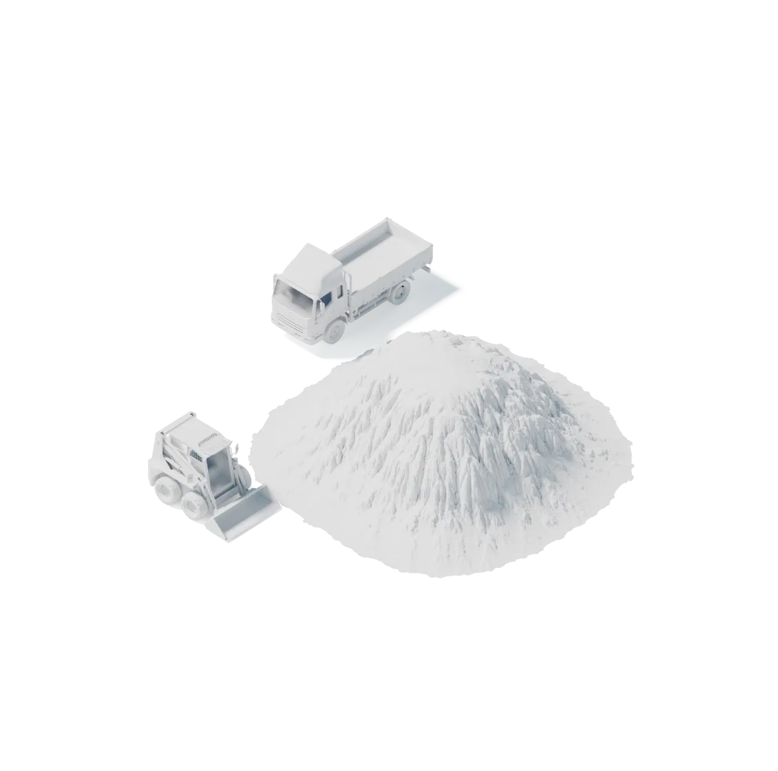 Isometric illustration of a mining dump truck, a bulldozer, and a large pile of mined material.