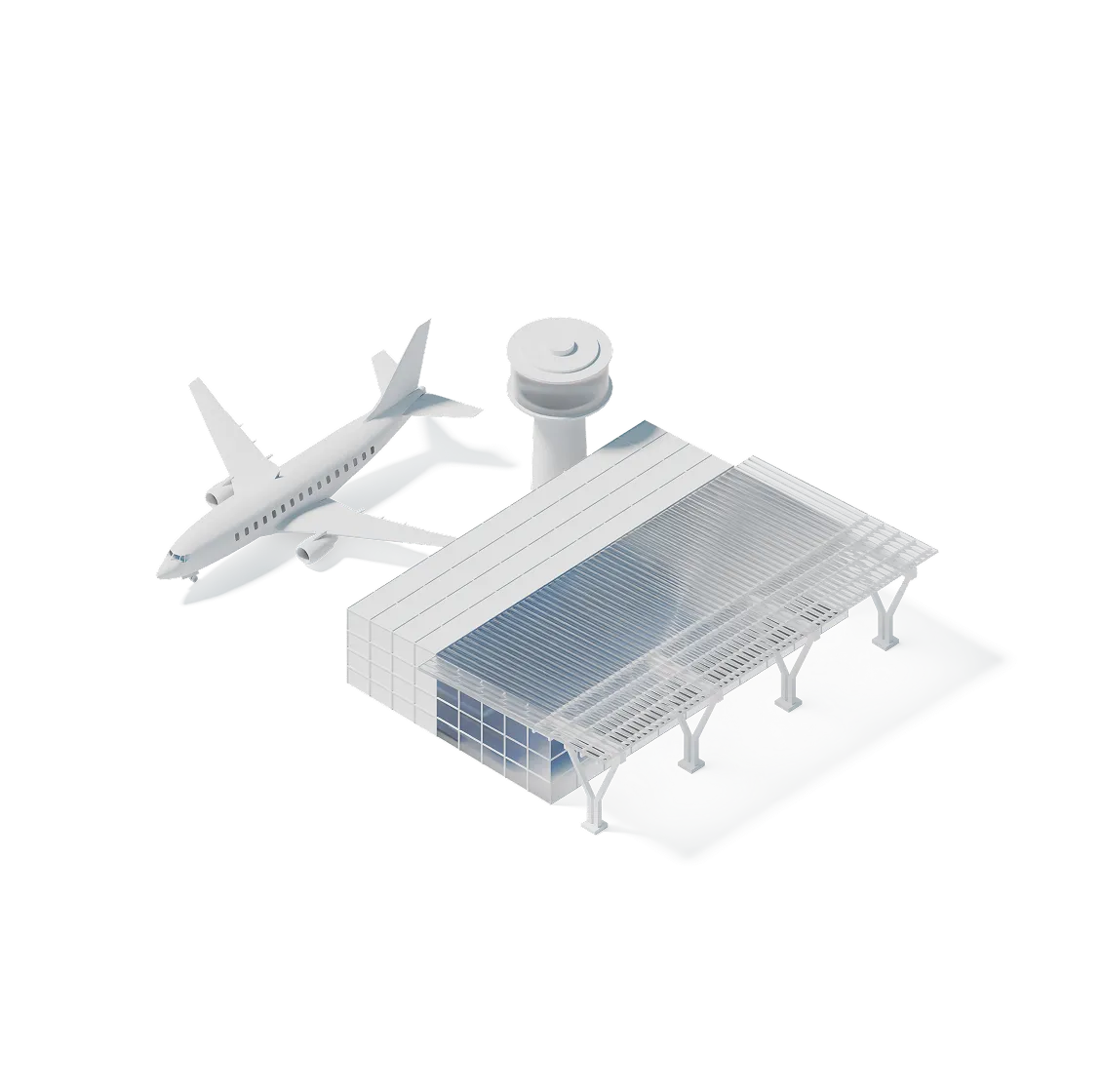Isometric illustration of an airport terminal with a control tower and a parked airplane.
