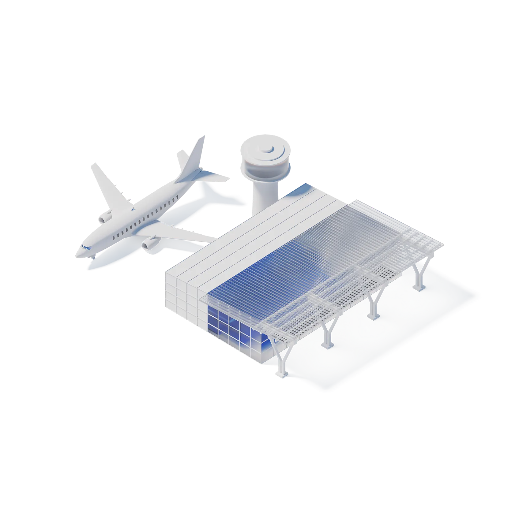 Isometric illustration of an airport terminal with a control tower and a parked airplane.
