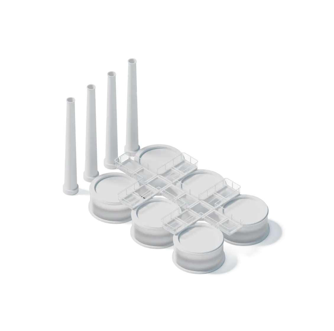 3D illustration of an industrial oil and gas refinery with cylindrical storage tanks and tall chimneys connected by elevated walkways.