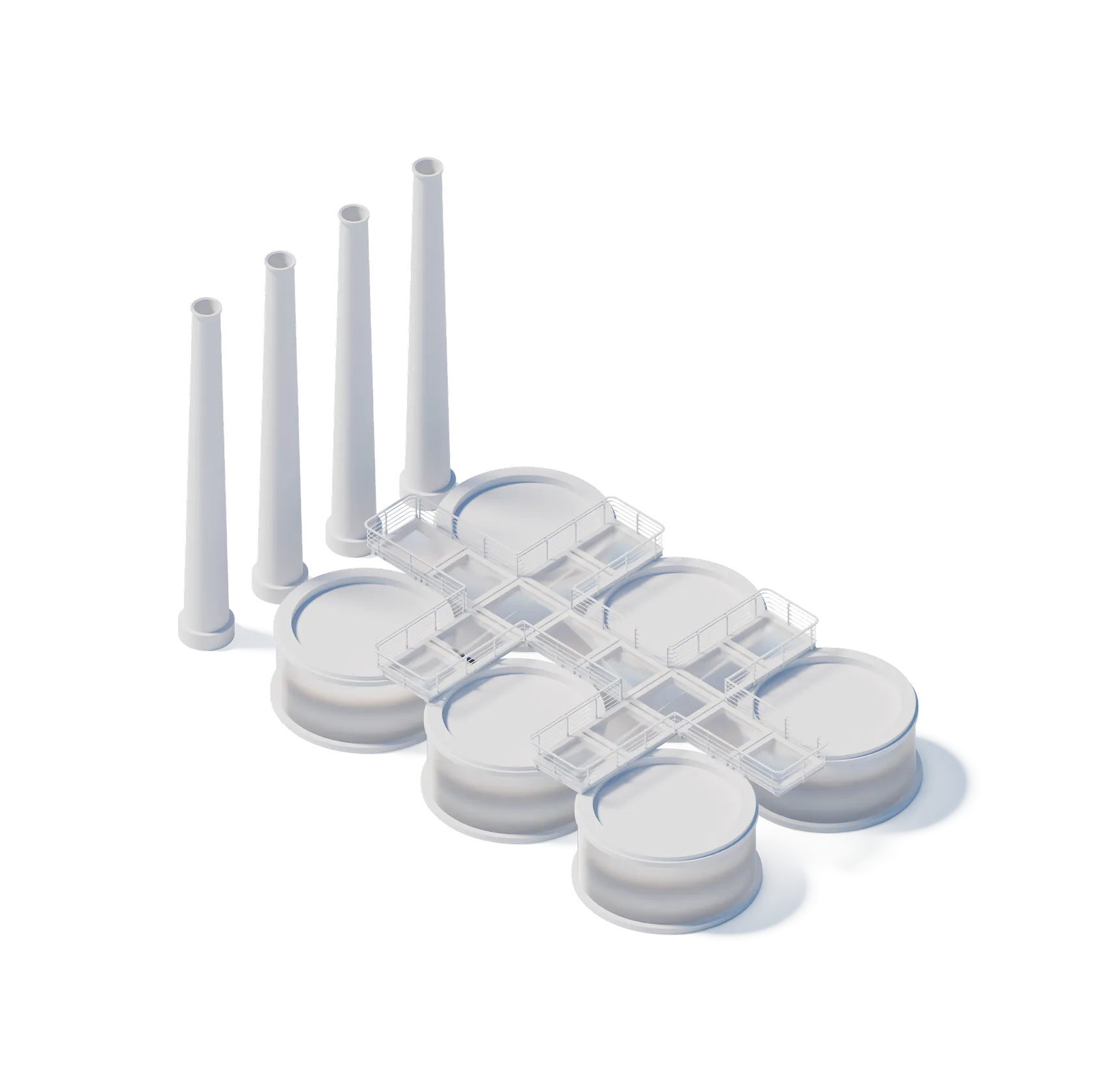 3D illustration of an industrial oil and gas refinery with cylindrical storage tanks and tall chimneys connected by elevated walkways.