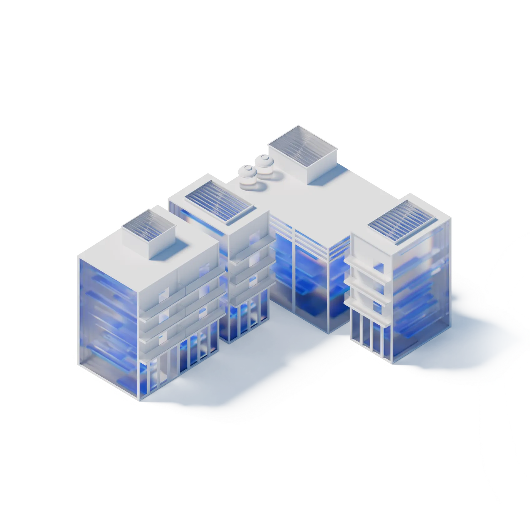 3D isometric illustration of three connected modern buildings with glass facades and rooftop ventilation units casting shadows.