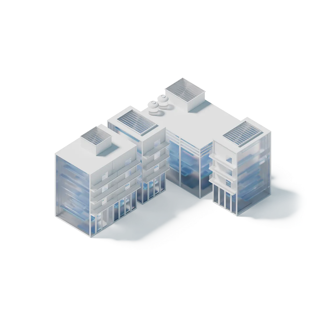 3D isometric illustration of three connected modern buildings with glass facades and rooftop ventilation units casting shadows.