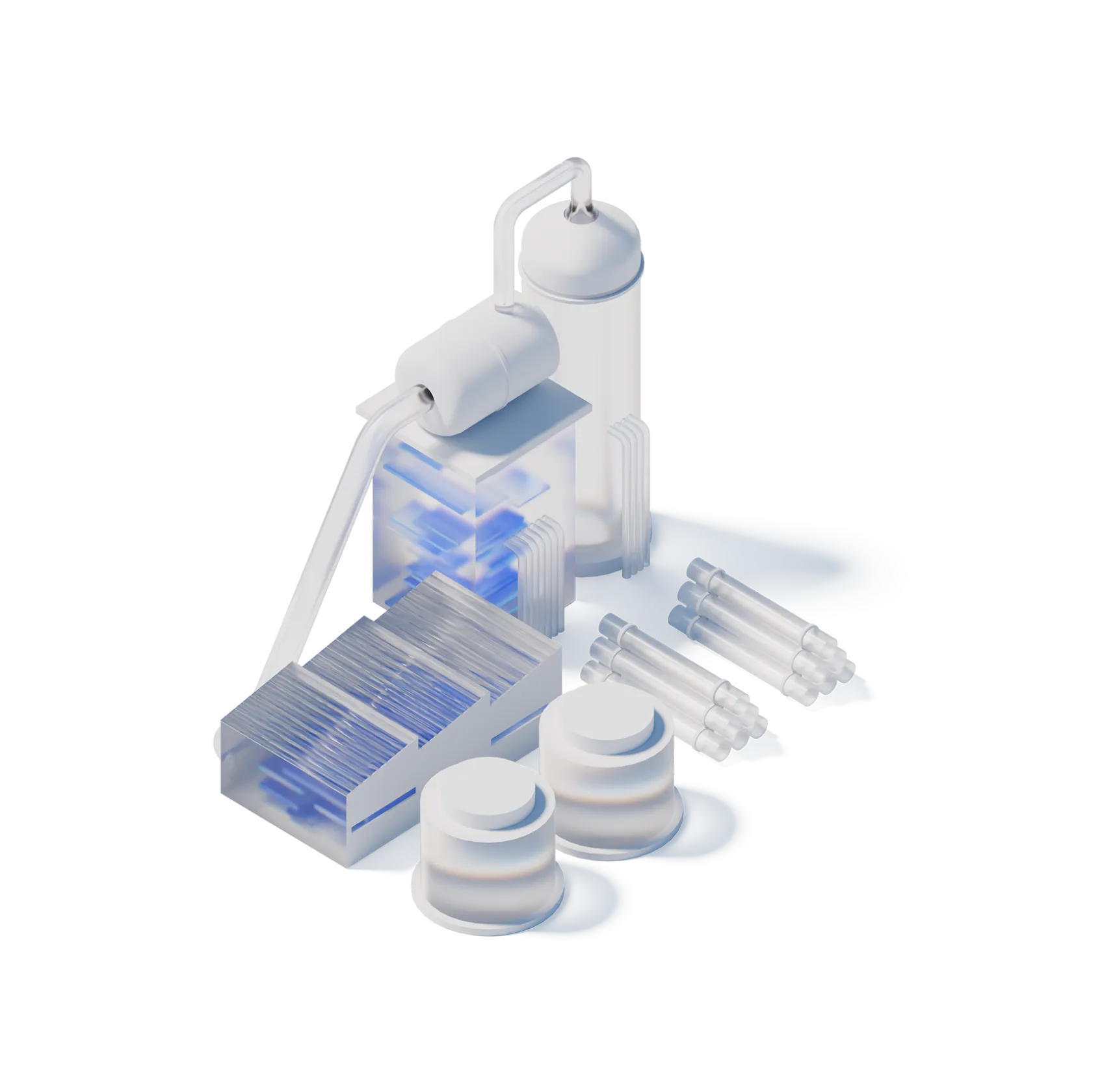 3D illustration of industrial steelmaking equipment including stacks of metal sheets, cylindrical tanks, pipes, and metal rods.