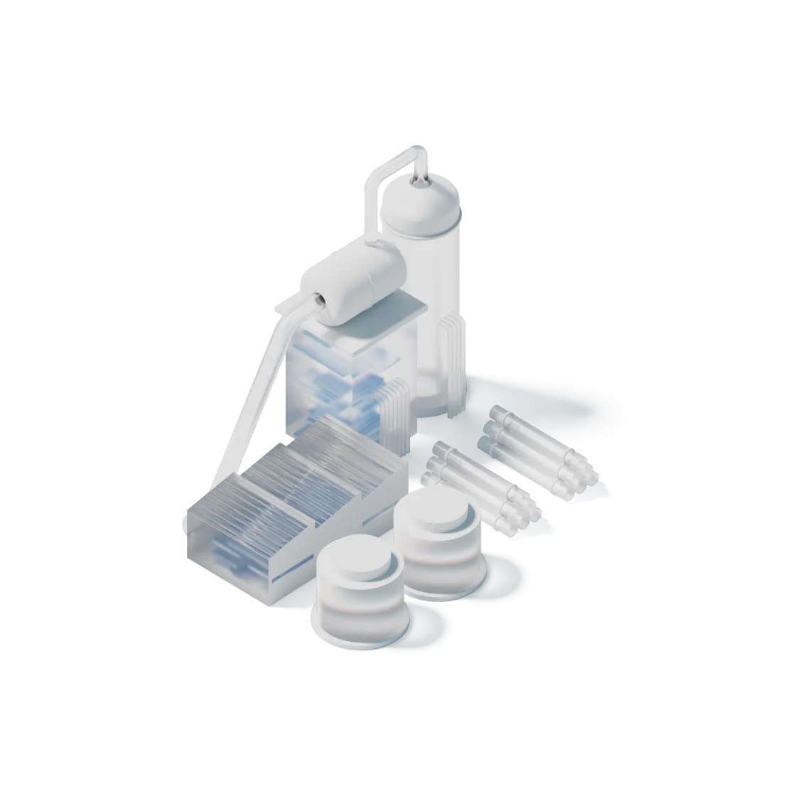 3D illustration of industrial steelmaking equipment including stacks of metal sheets, cylindrical tanks, pipes, and metal rods.