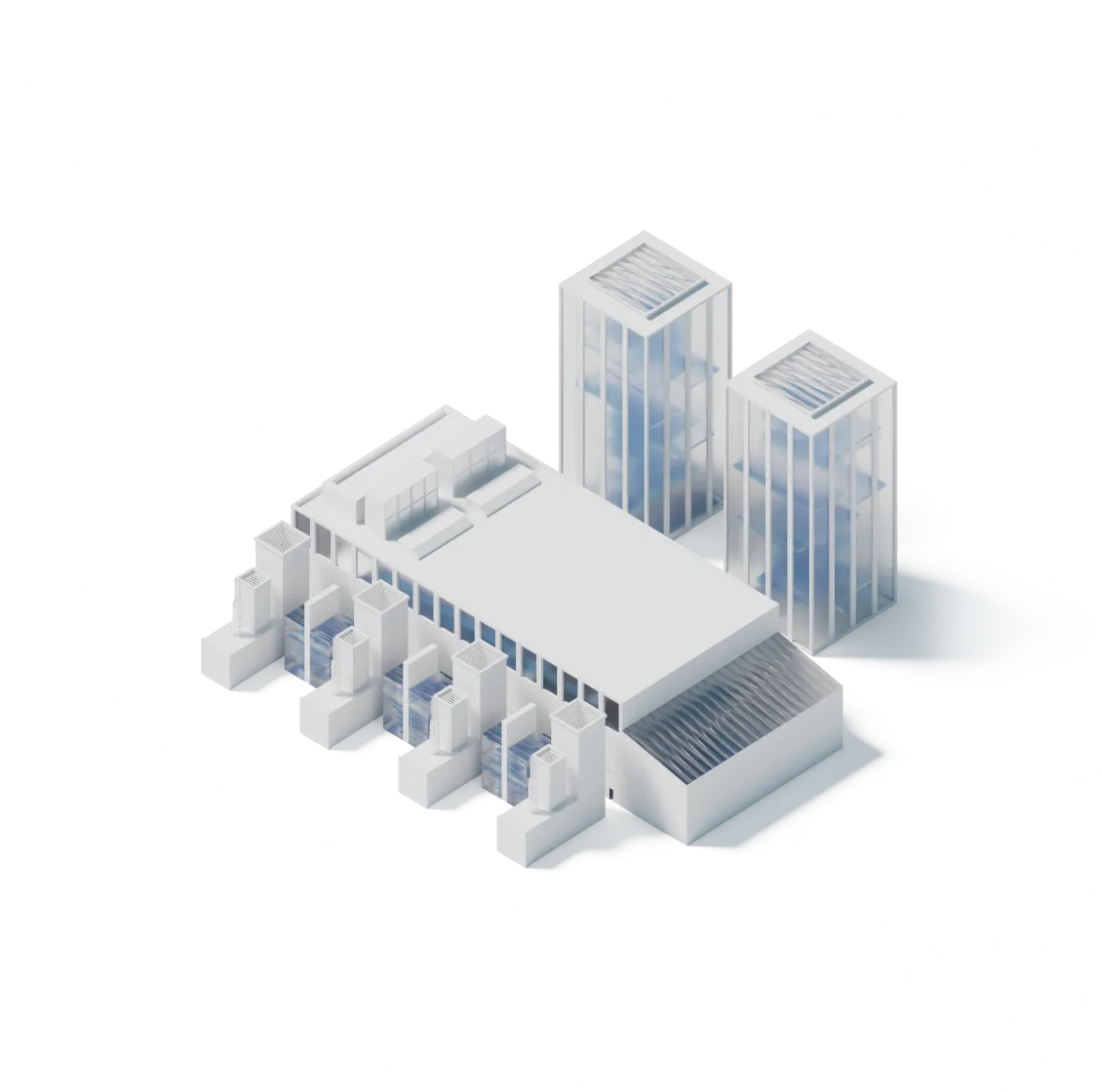 Isometric illustration of a modern data center building with multiple server racks and two adjacent glass towers.