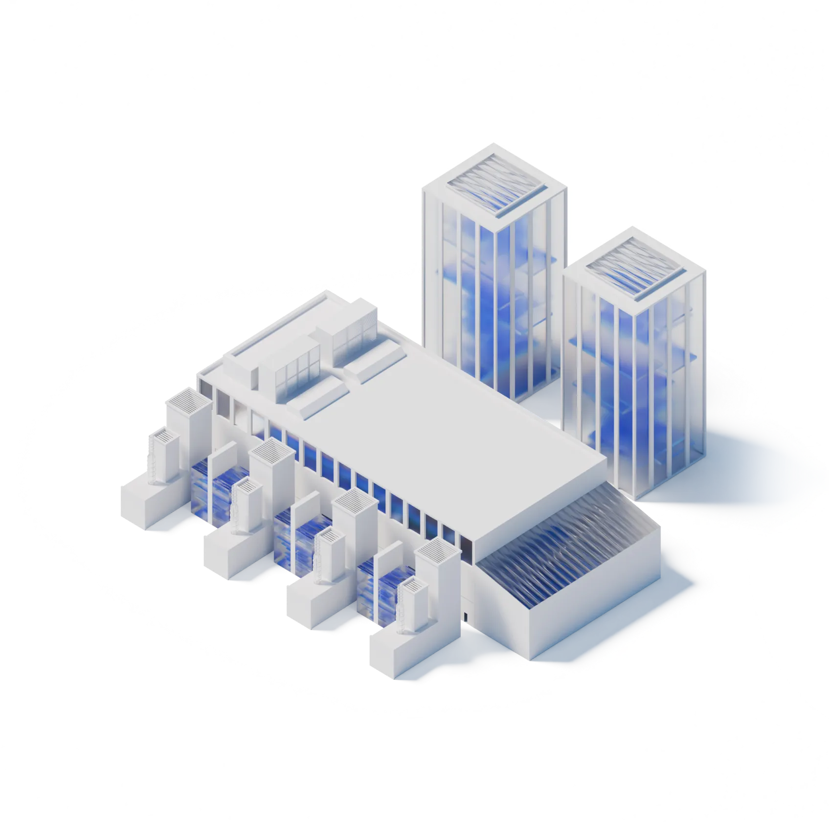 Isometric illustration of a modern data center building with multiple server racks and two adjacent glass towers.