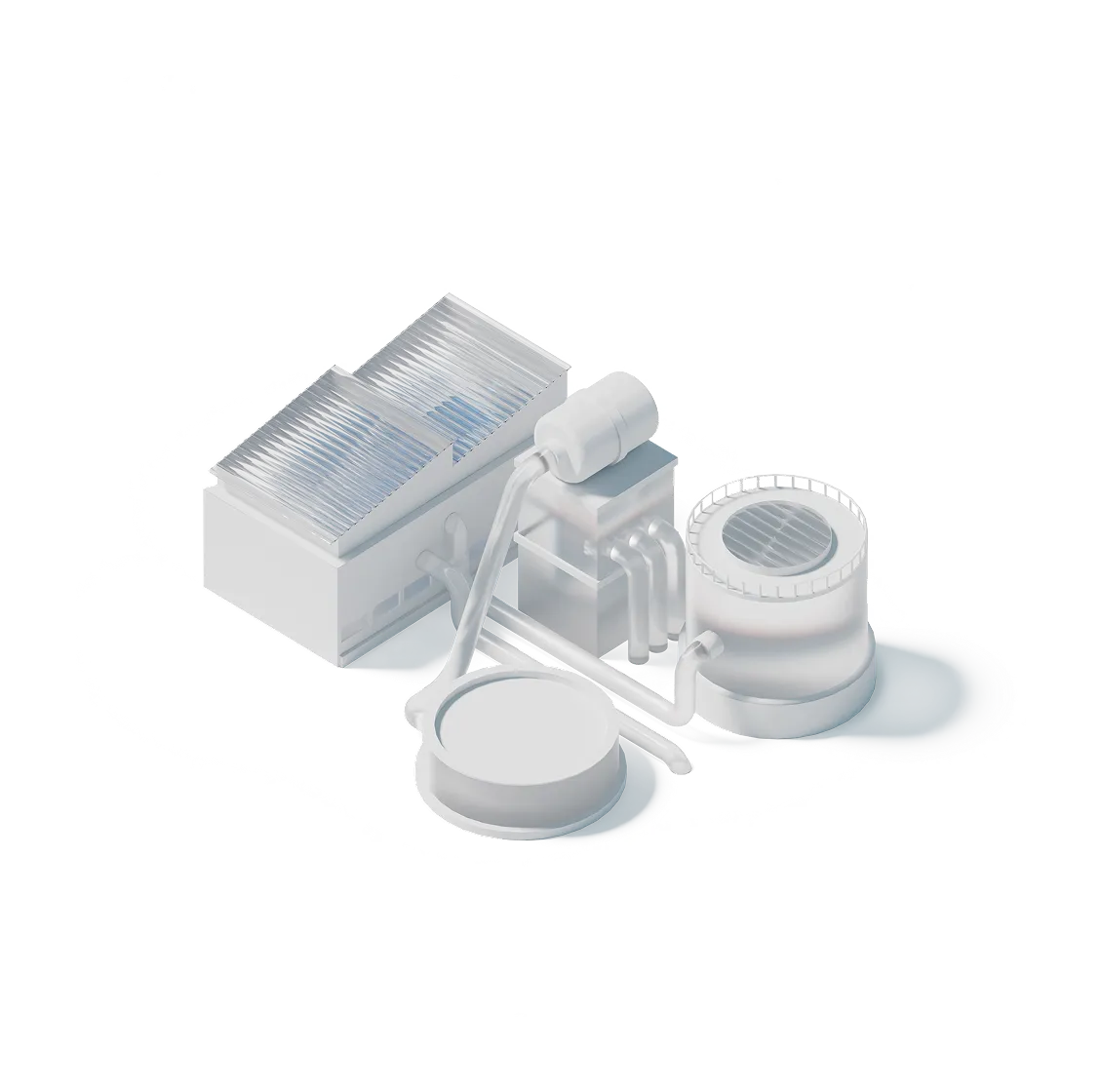 3D rendering of an industrial chemical plant with tanks, pipes, and a solar panel roof.