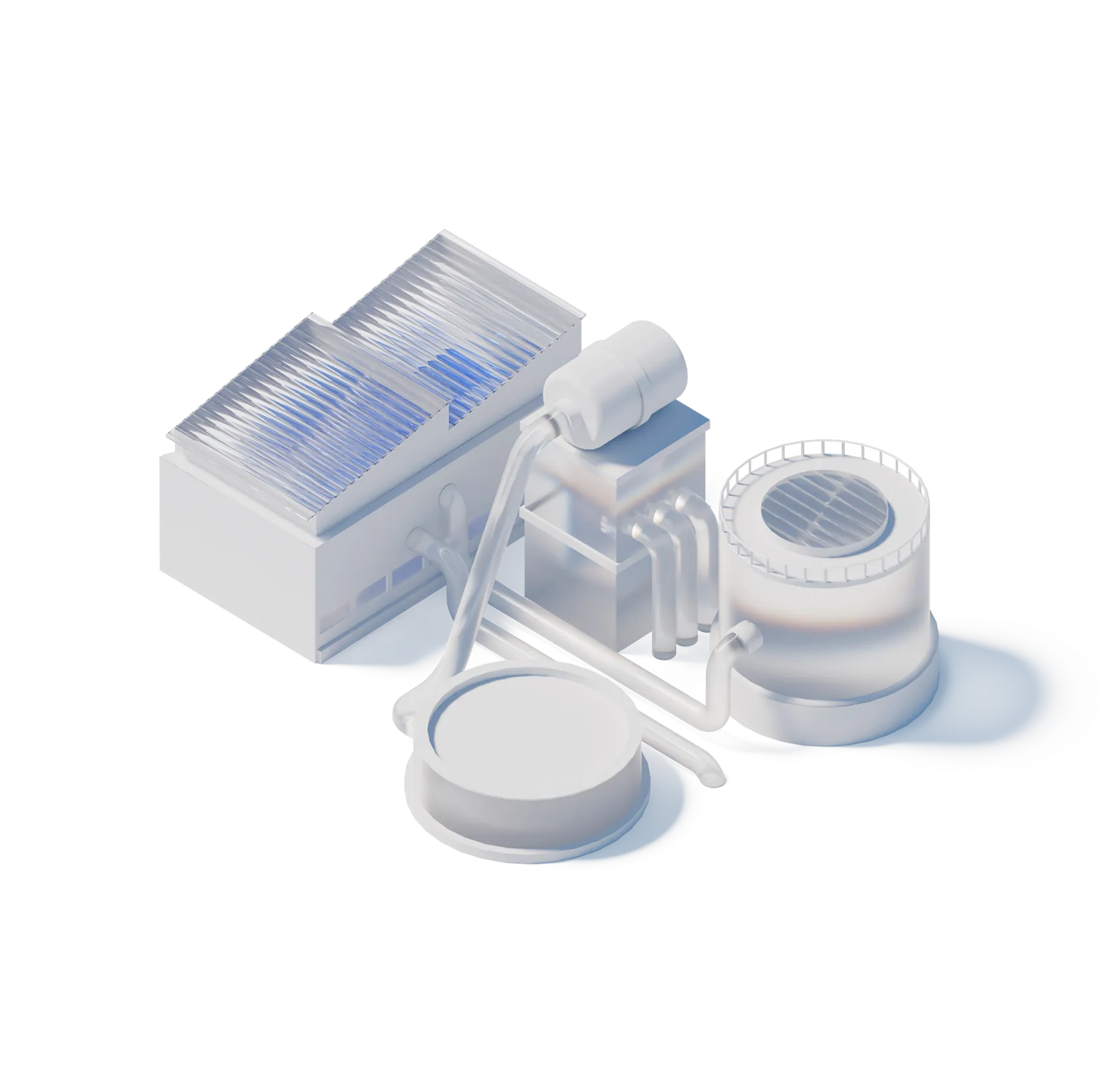 3D rendering of an industrial chemical plant with tanks, pipes, and a solar panel roof.
