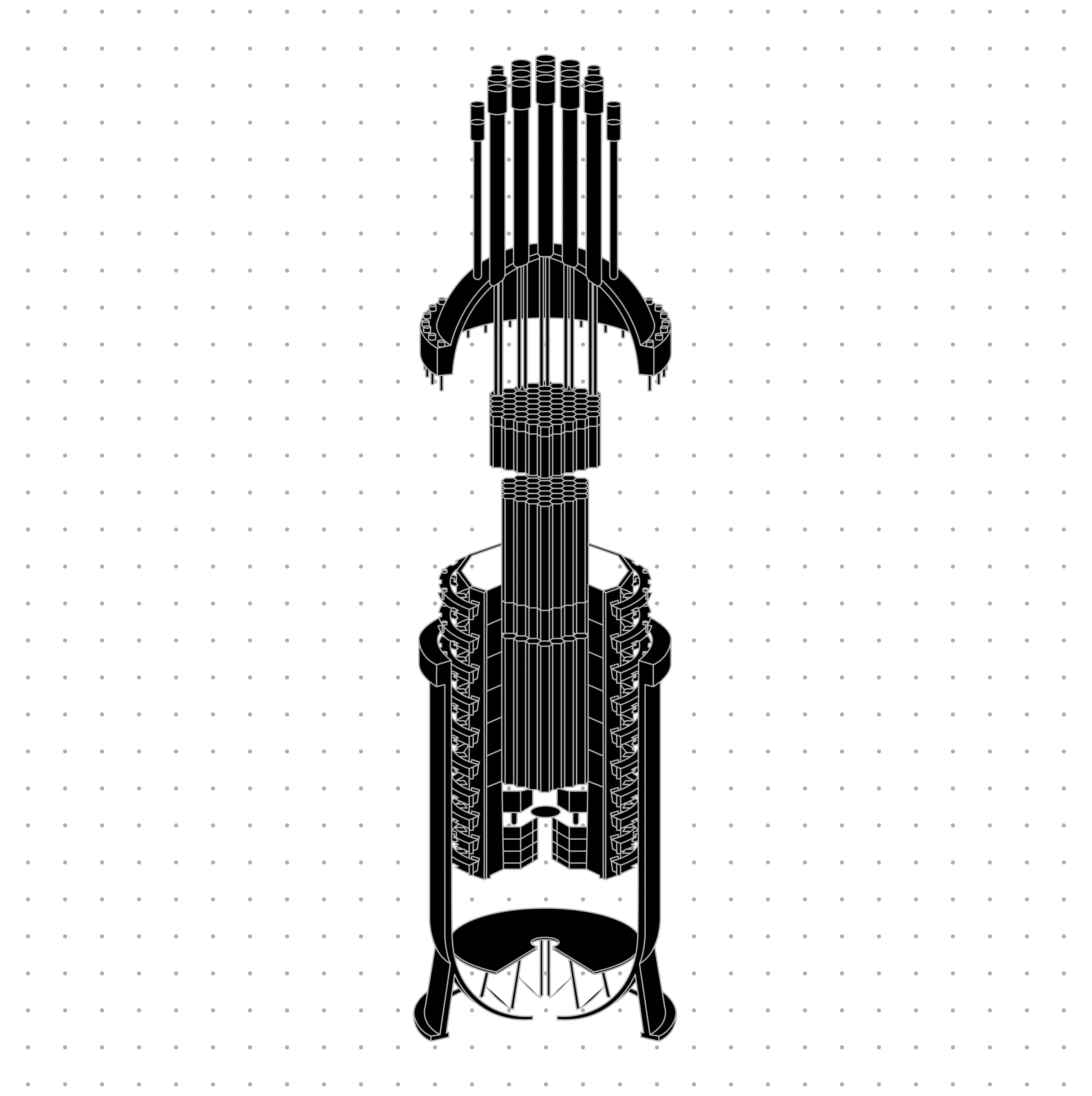 Wireframe diagram of a nuclear reactor.