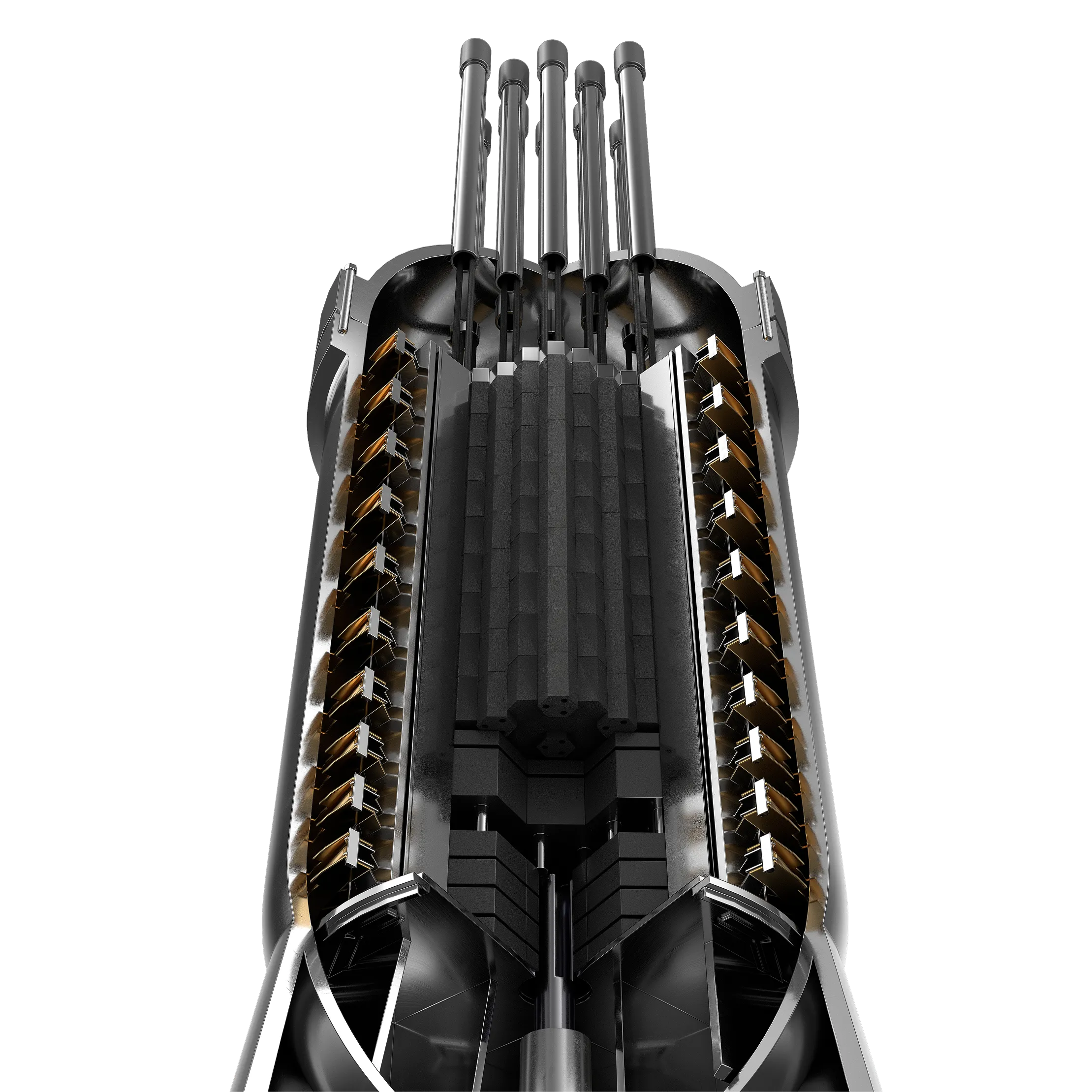 Cutaway view of a compact nuclear reactor showing fuel rods and internal components inside a metallic cylindrical vessel.