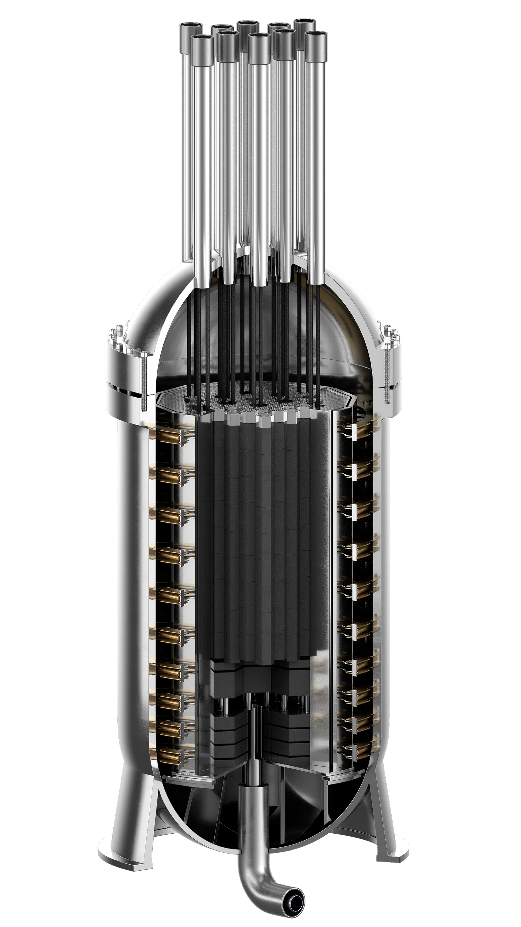 Cutaway view of a compact nuclear reactor showing fuel rods and internal components inside a metallic cylindrical vessel.