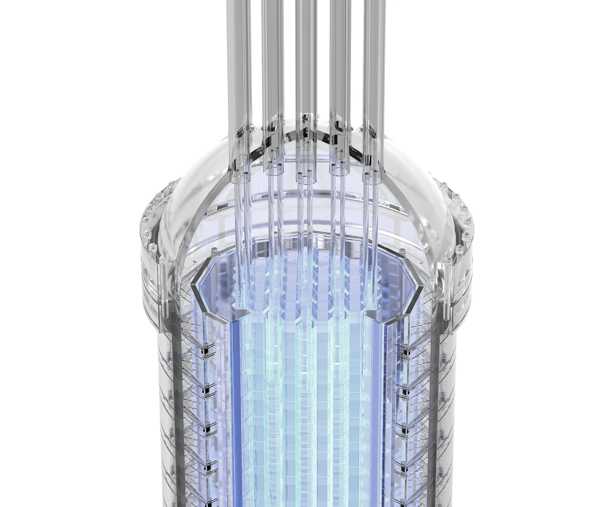 Transparent 3D model of a high-tech reactor or energy core with vertical tubes and a glowing blue center.