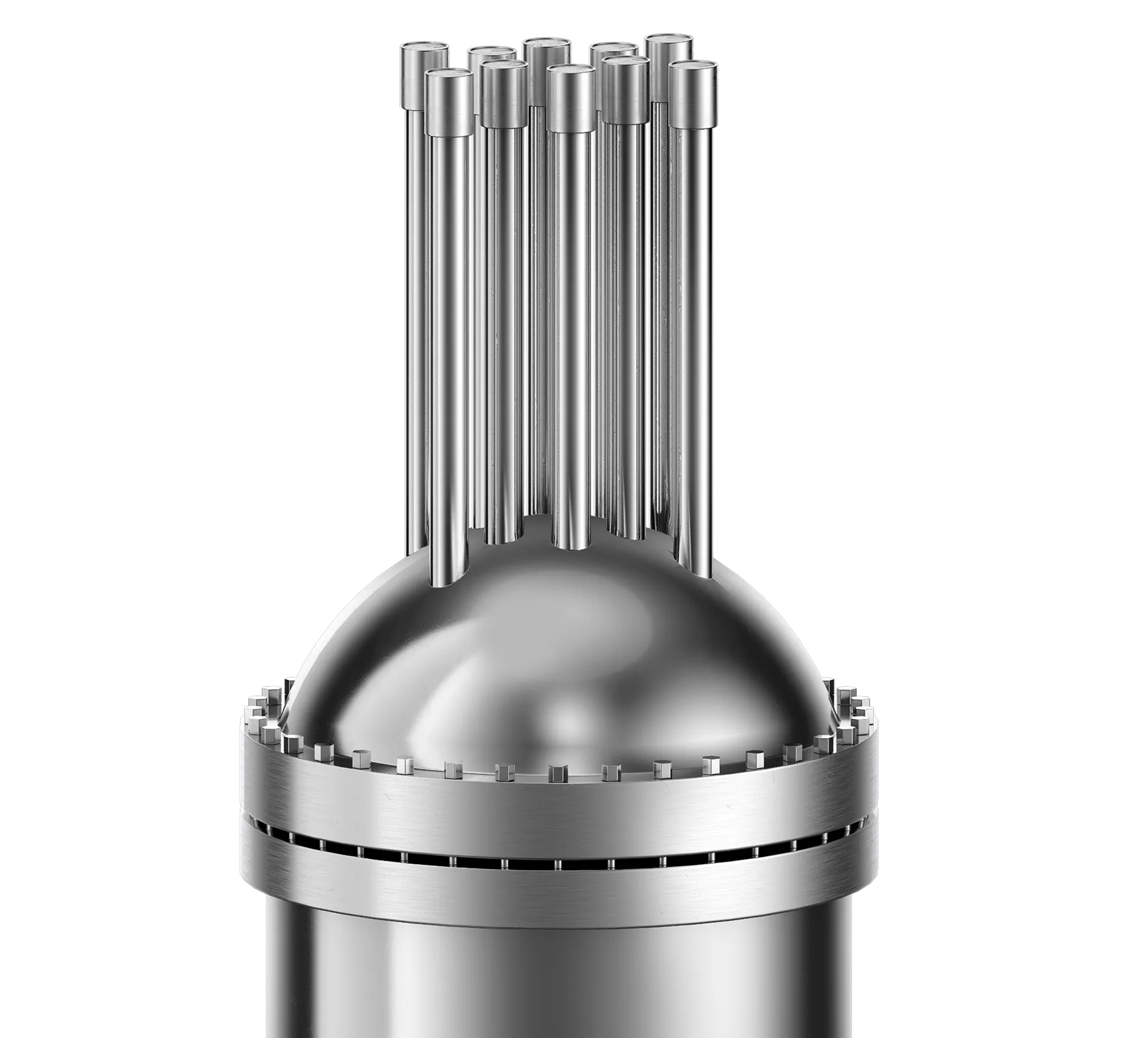 Close-up of a shiny metallic reactor component with multiple vertical cylindrical rods extending from a rounded dome base.