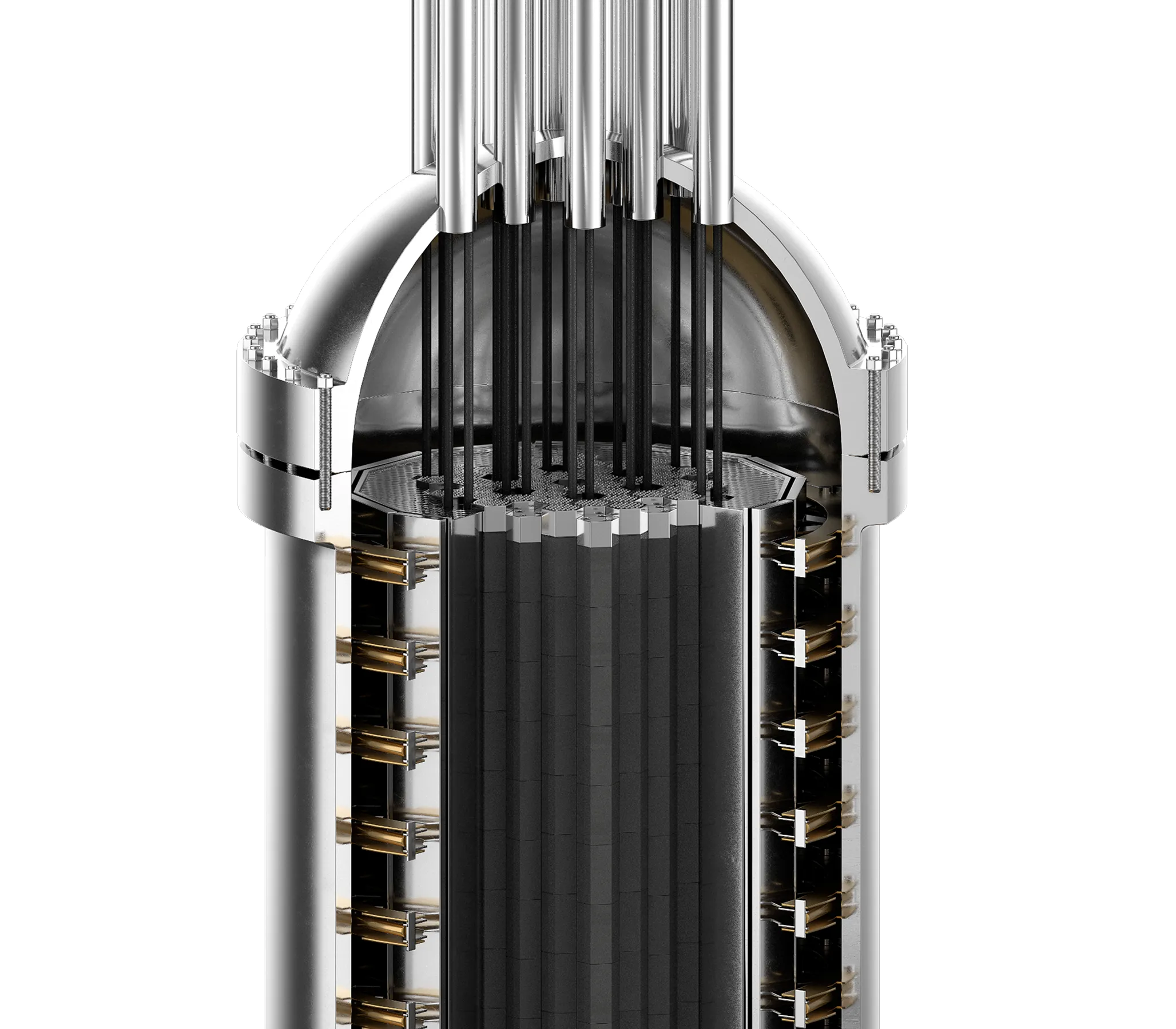 Cutaway view of a compact nuclear reactor showing fuel rods and internal components inside a metallic cylindrical vessel.