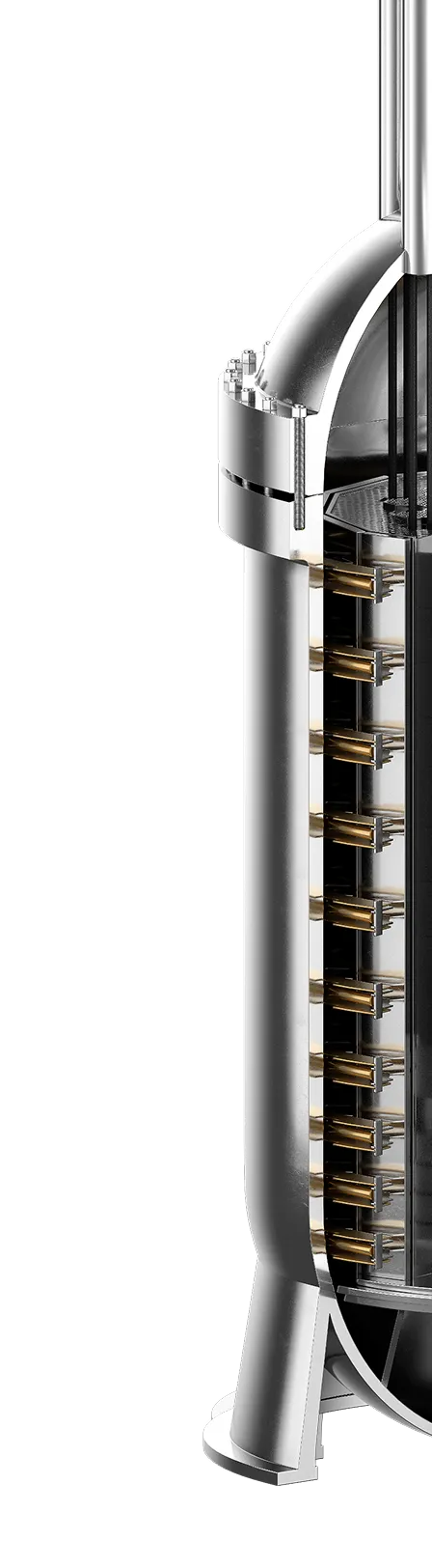 Cutaway view of a compact nuclear reactor showing fuel rods and internal components inside a metallic cylindrical vessel.