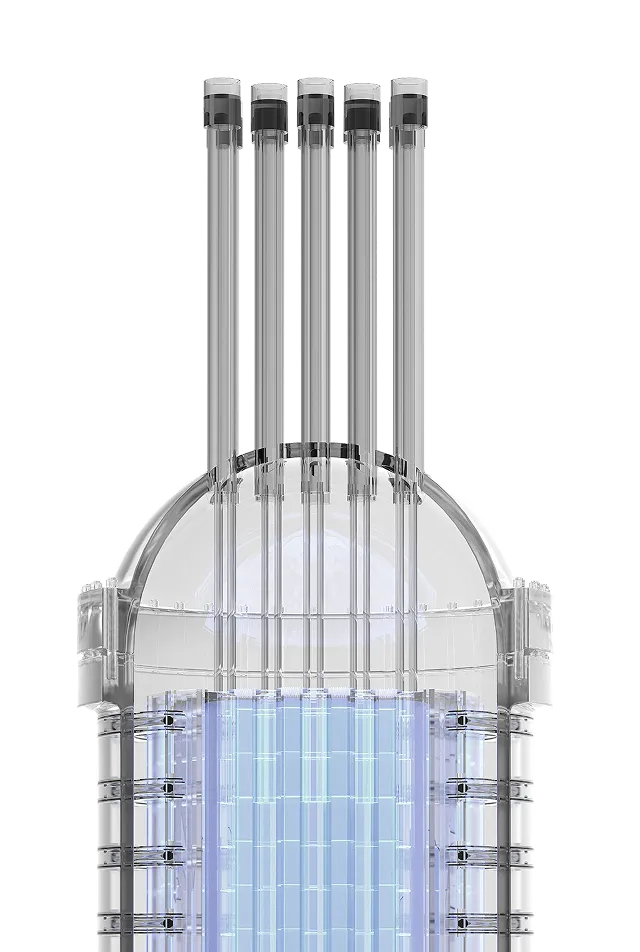 Transparent 3D model of a high-tech reactor or energy core with vertical tubes and a glowing blue center.