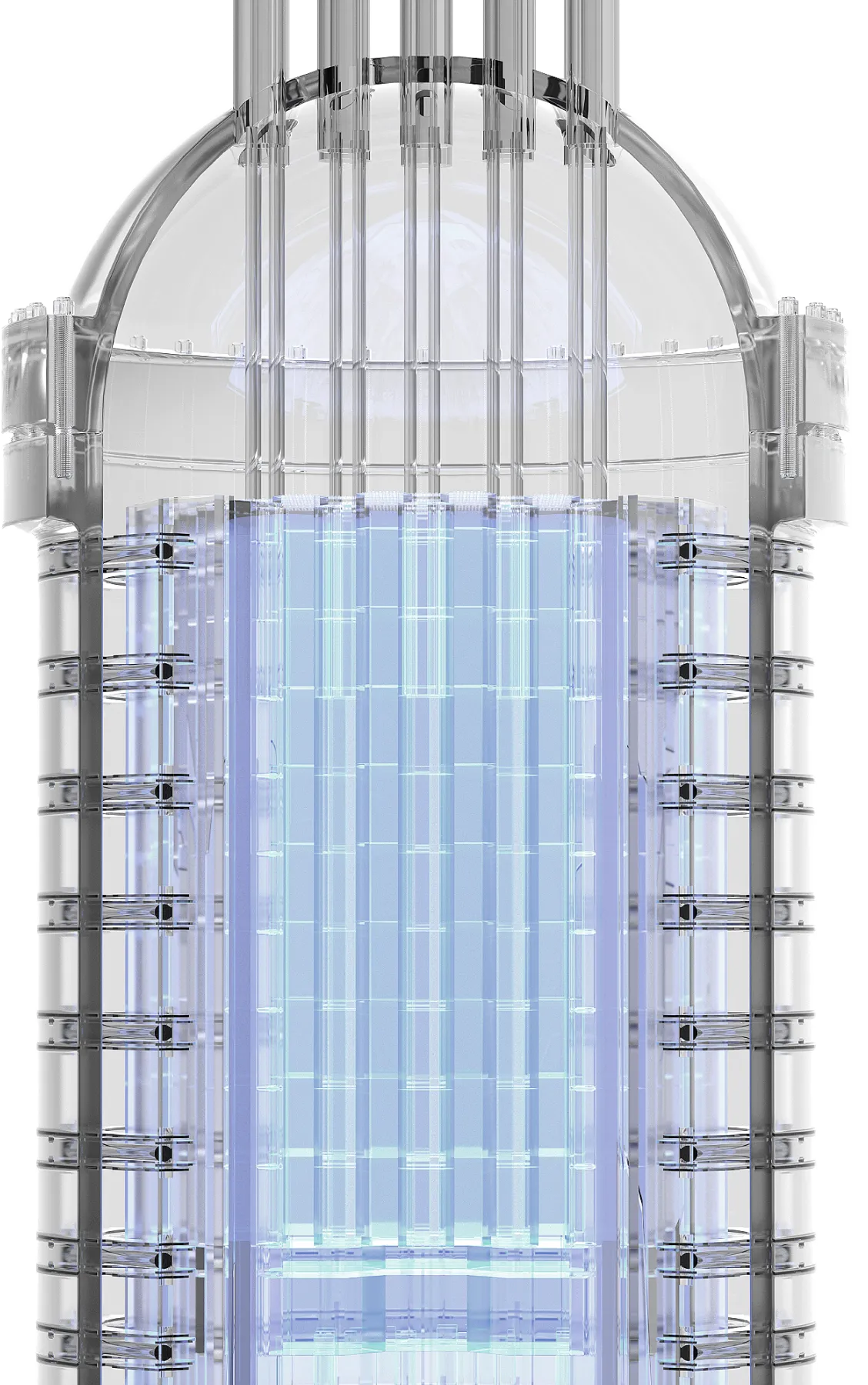 Transparent 3D model of a high-tech reactor or energy core with vertical tubes and a glowing blue center.