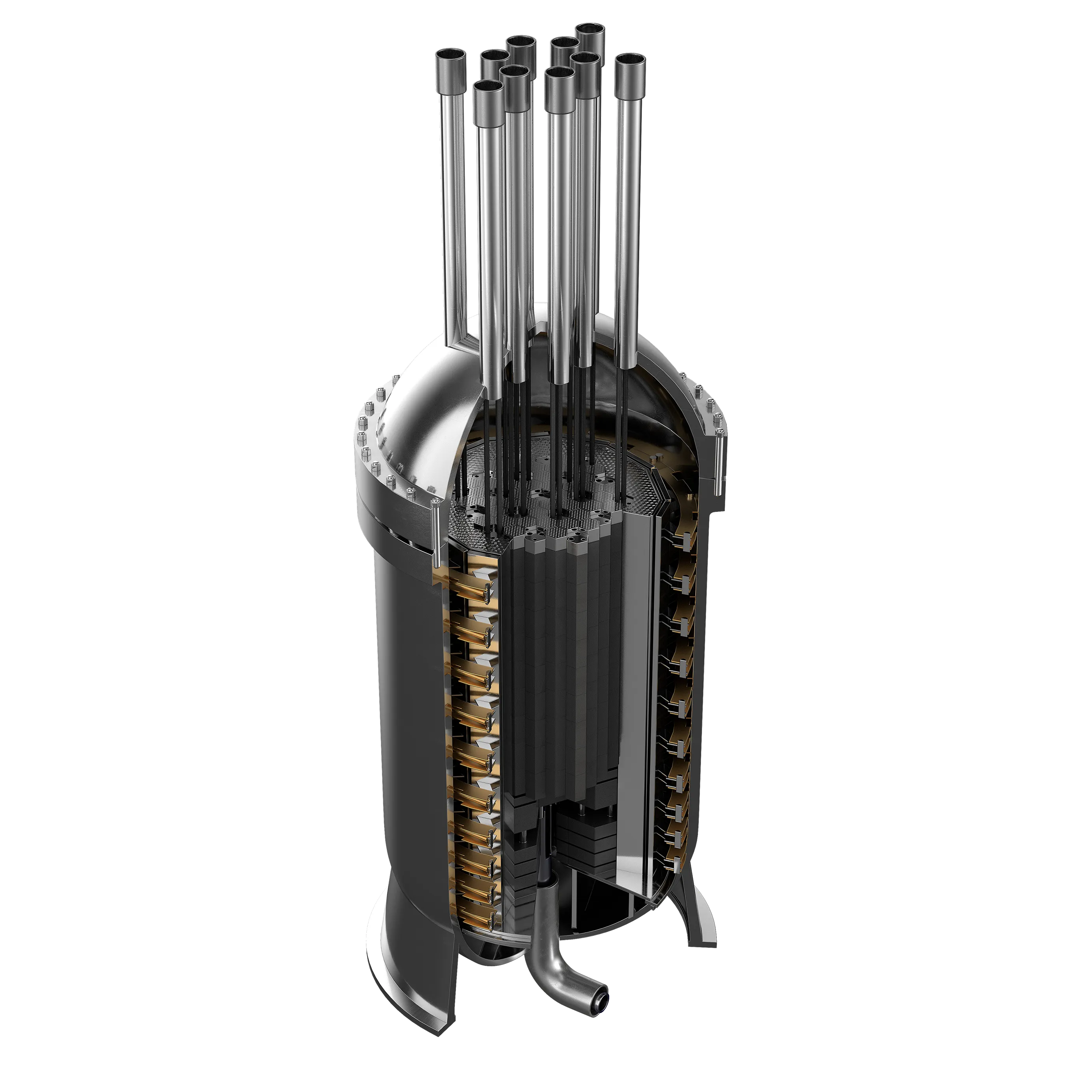 Cutaway view of a compact nuclear reactor showing fuel rods and internal components inside a metallic cylindrical vessel.
