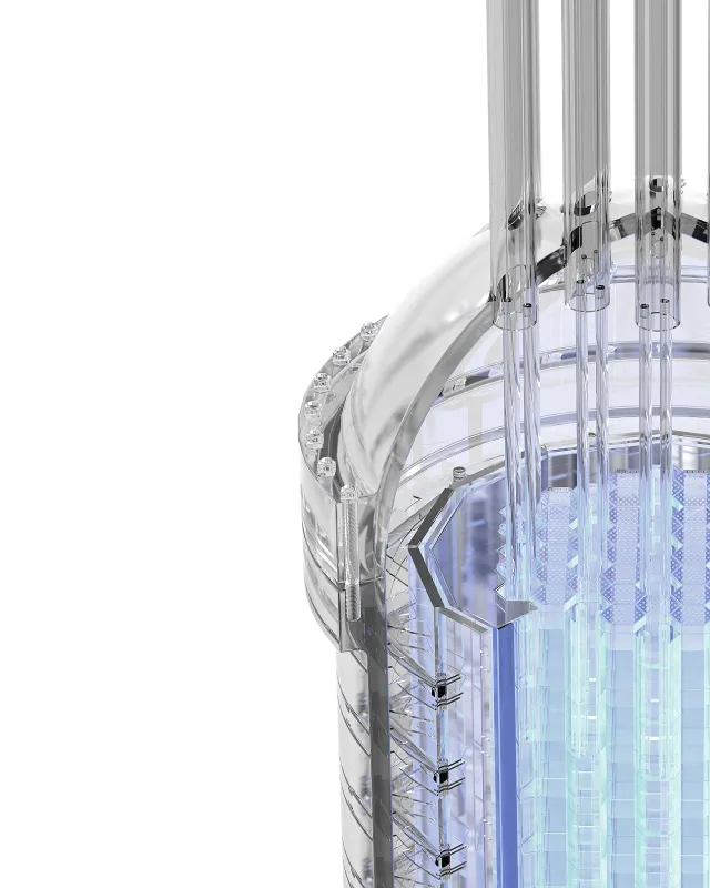 Transparent 3D model of a high-tech reactor or energy core with vertical tubes and a glowing blue center.