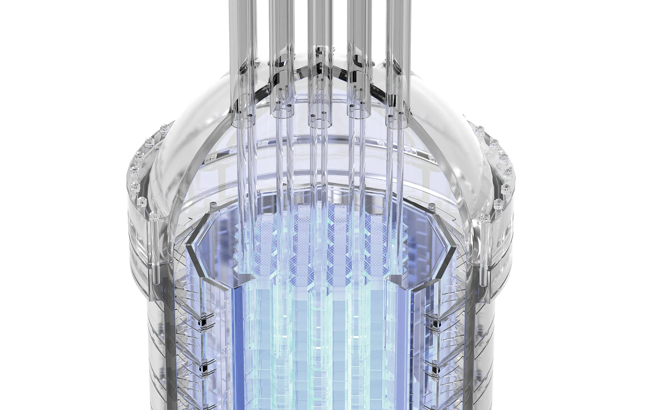 3D rendering of a transparent nuclear reactor core with blue glowing fuel rods and control mechanisms.