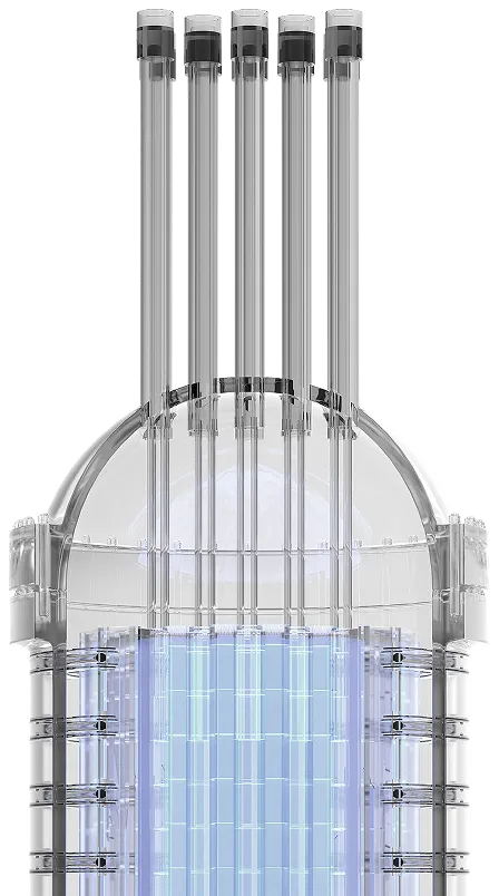 Transparent 3D rendering of a nuclear reactor core with vertical control rods and internal components.