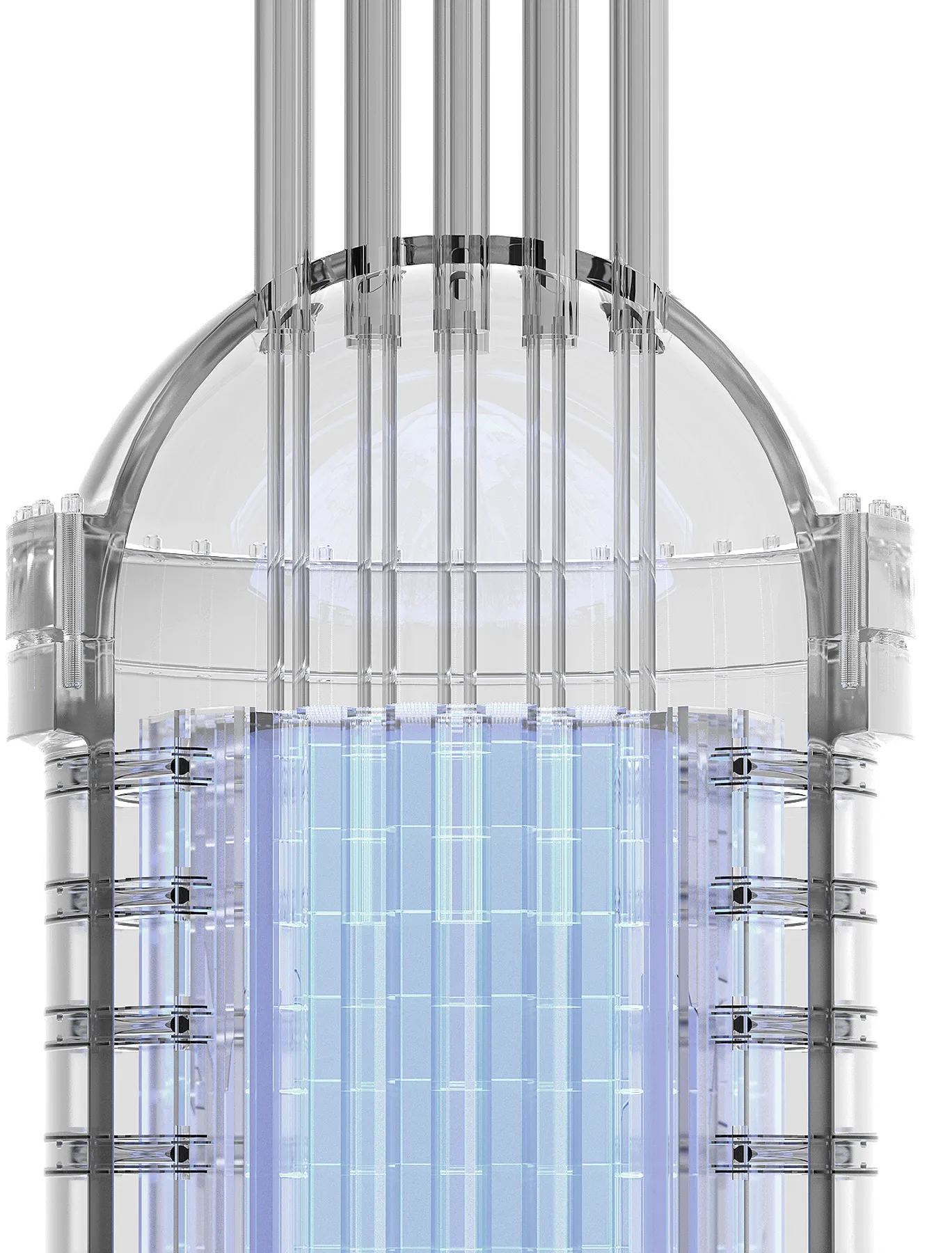 Transparent 3D model of a high-tech reactor or energy core with vertical tubes and a glowing blue center.