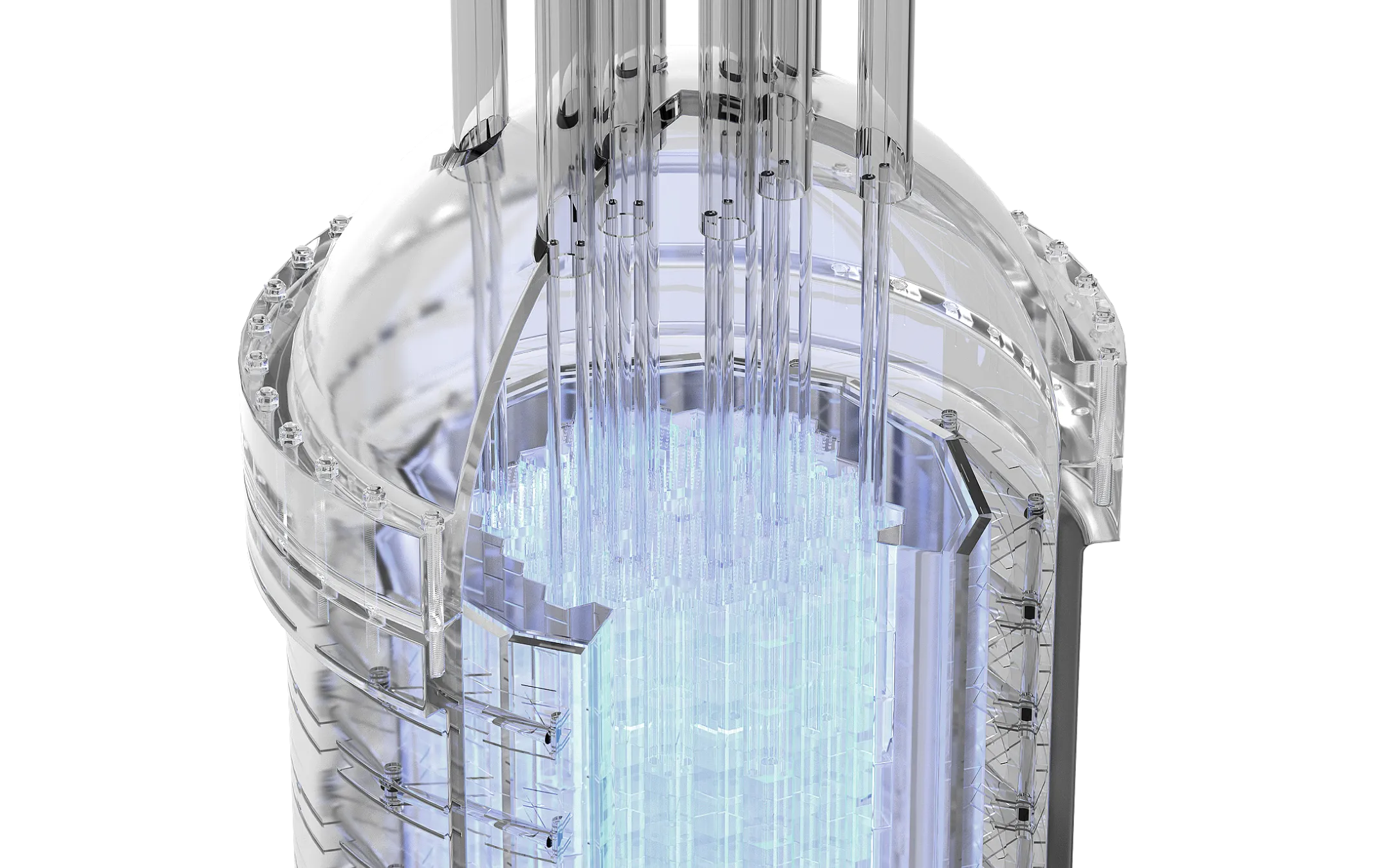Transparent 3D model of a high-tech reactor or energy core with vertical tubes and a glowing blue center.
