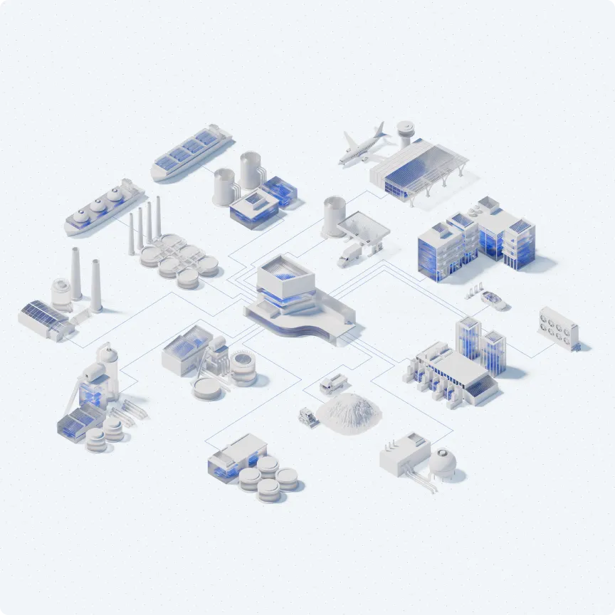 Isometric illustration of interconnected industrial and transportation facilities including factories, storage tanks, ships, an airplane, and vehicles.