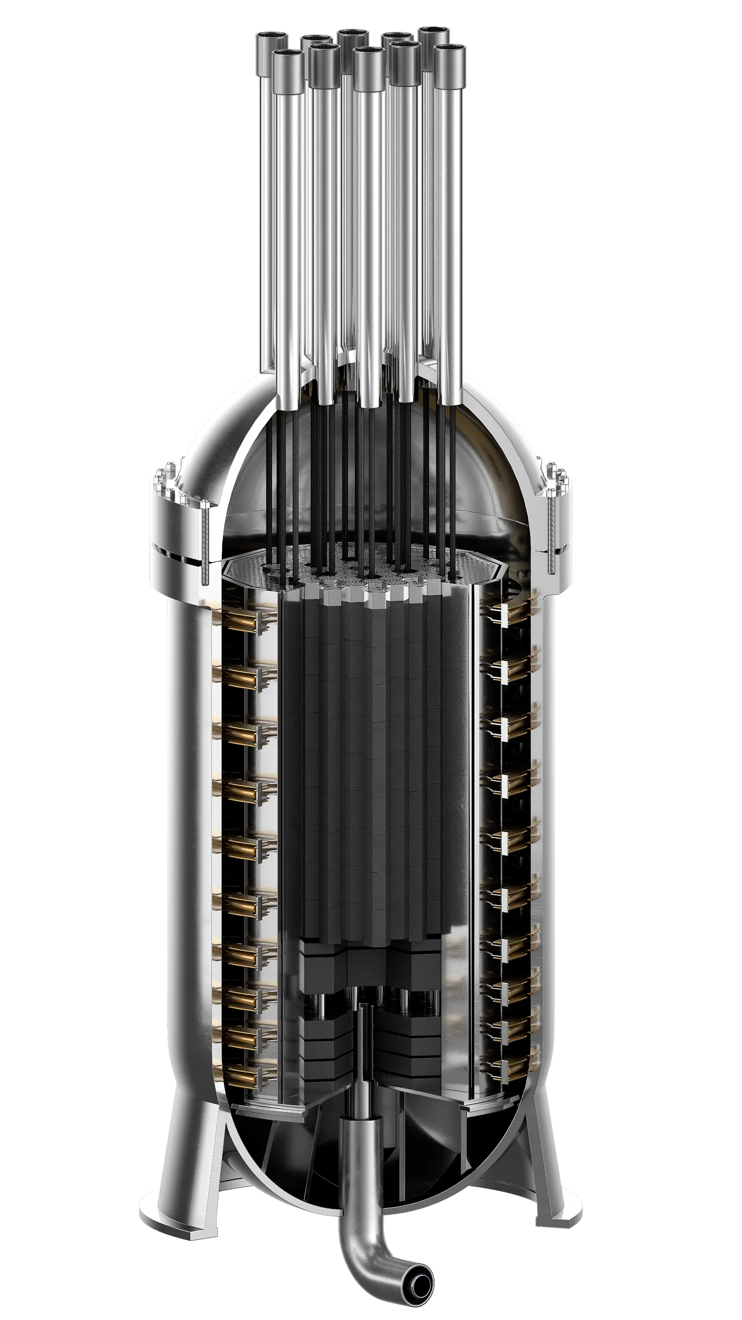 Cutaway view of a cylindrical metallic reactor with multiple vertical tubes and internal black segmented components.