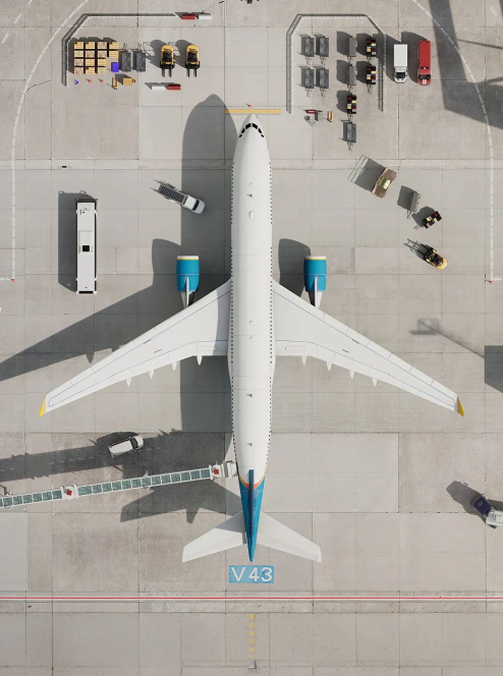 Aerial view of a white commercial airplane with blue engines parked on the tarmac near terminal gate V43 with ground service vehicles and equipment nearby.