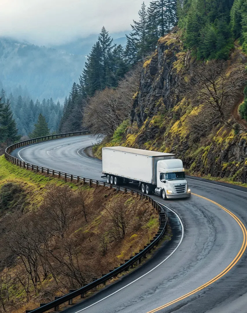 White semi-truck driving on a winding mountain road surrounded by trees and rocky cliffs.