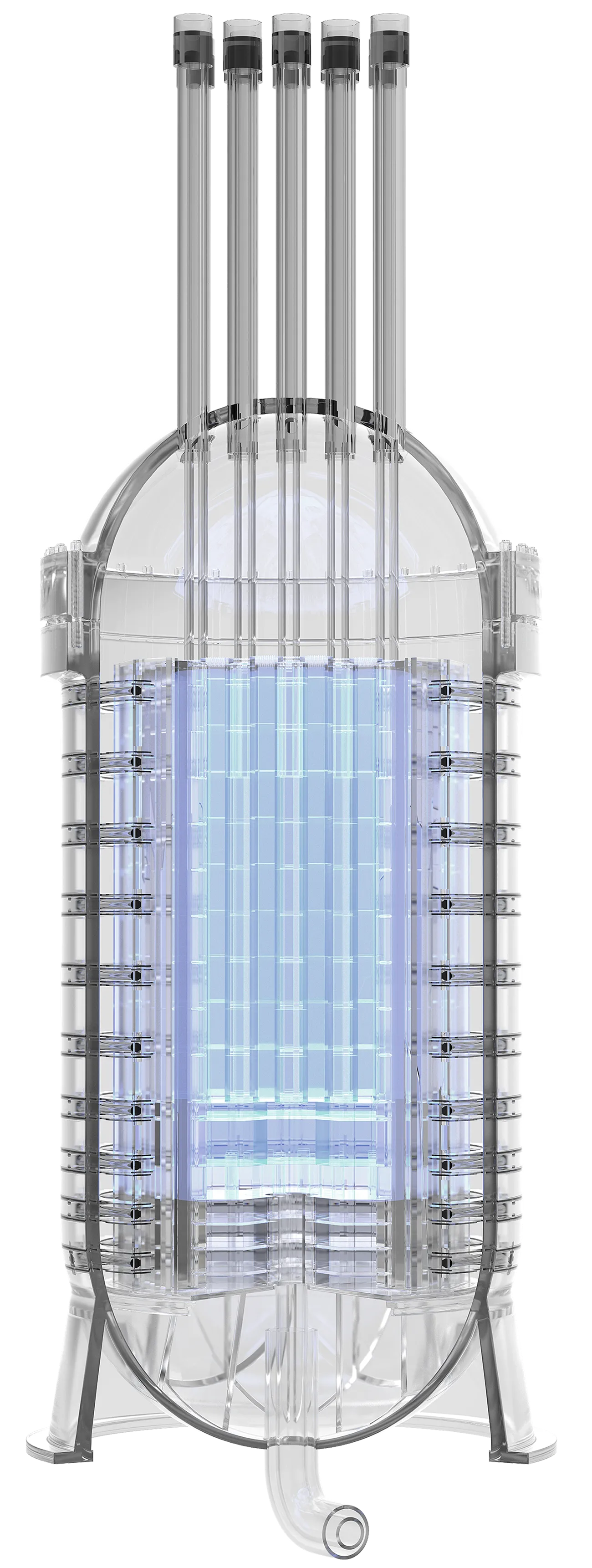 Transparent 3D model of a high-tech reactor or energy core with vertical tubes and a glowing blue center.