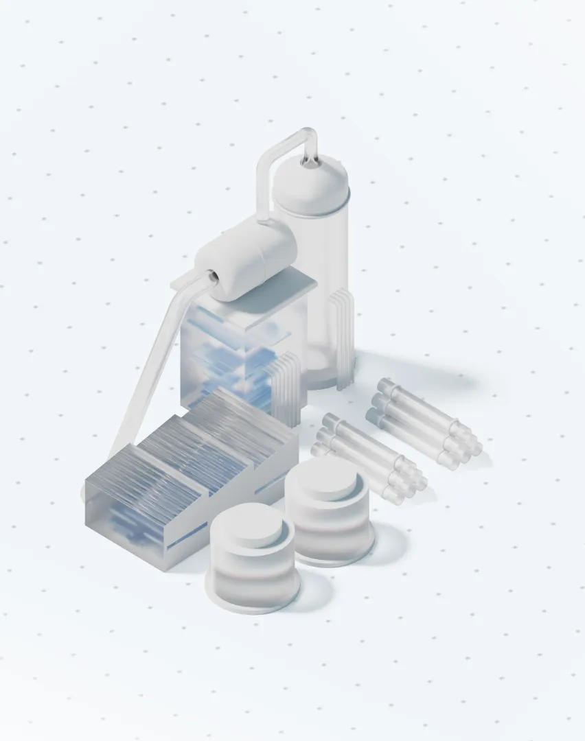 3D illustration of a laboratory setup with cylindrical containers, stacked transparent plates, and two groups of clear tubes on a dotted surface.