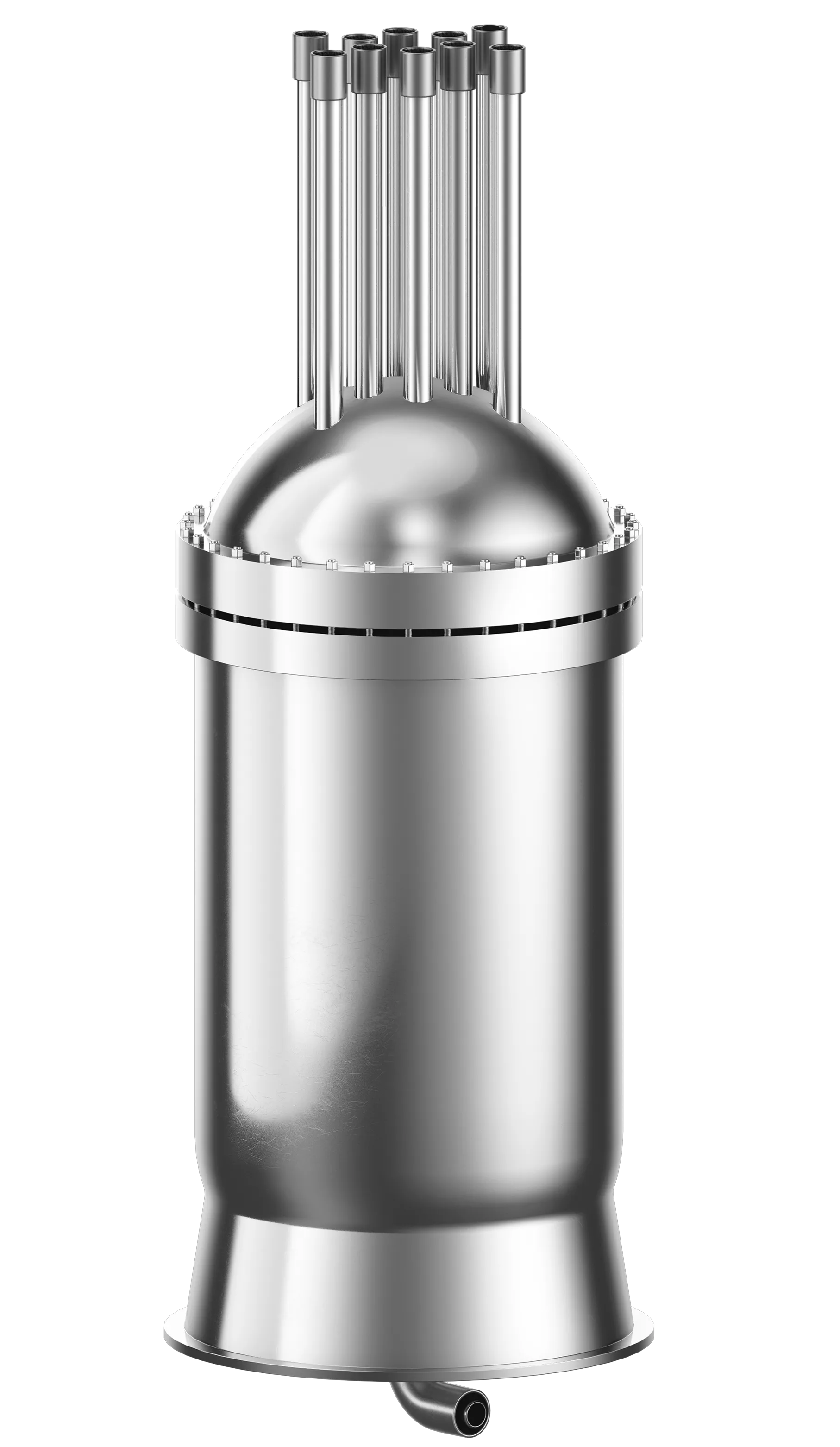 Shiny metallic reactor component with multiple vertical cylindrical rods extending from a rounded dome base.