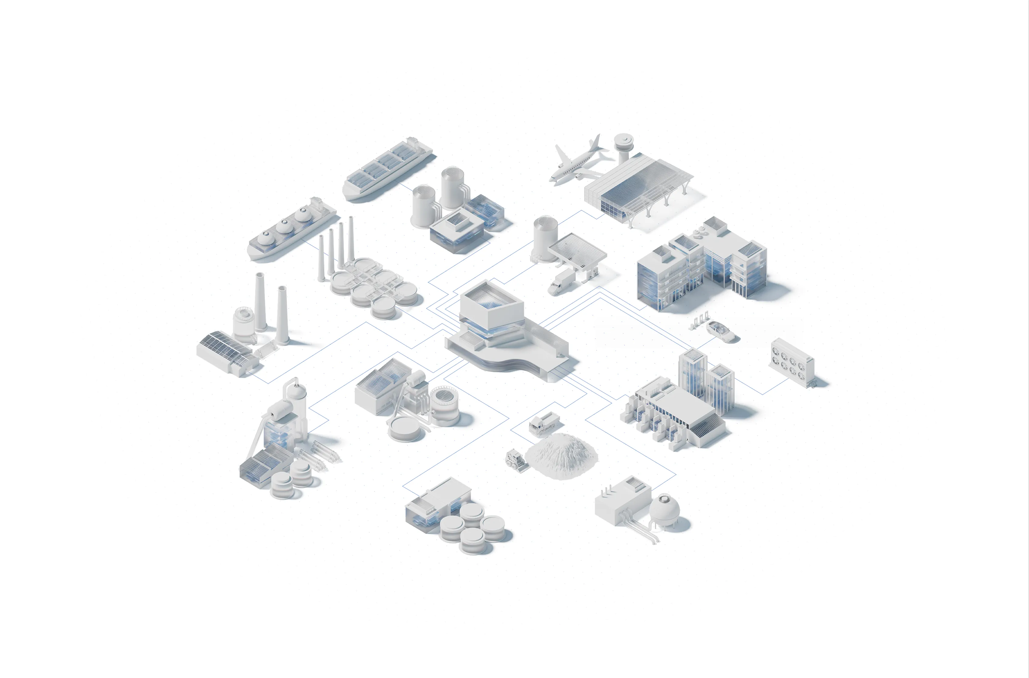 Isometric illustration of a complex industrial and energy network including factories, storage tanks, ships, an airplane, trucks, solar panels, and buildings connected by lines.