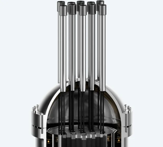 3D rendering of a spherical metal reactor core with vertical cylindrical rods extending upward from its interior.