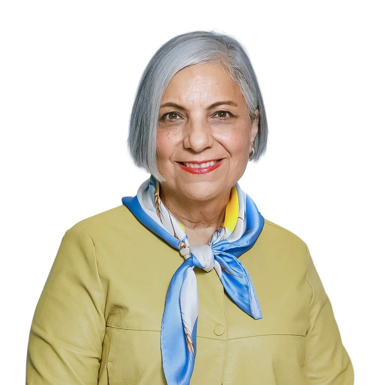 Rumina Velshi, Co-founder, Principal, Strategic Advisor to the CEO of ZettaJoule wearing a yellow top and a blue scarf tied around her neck.