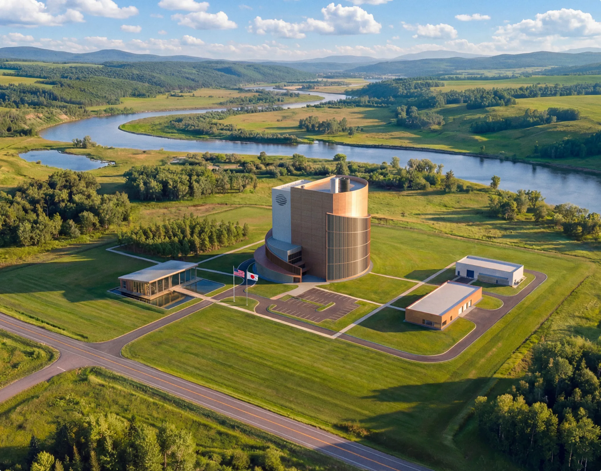 ZettaJoule modern building complex with surrounding smaller buildings near a winding river in a green rural landscape.