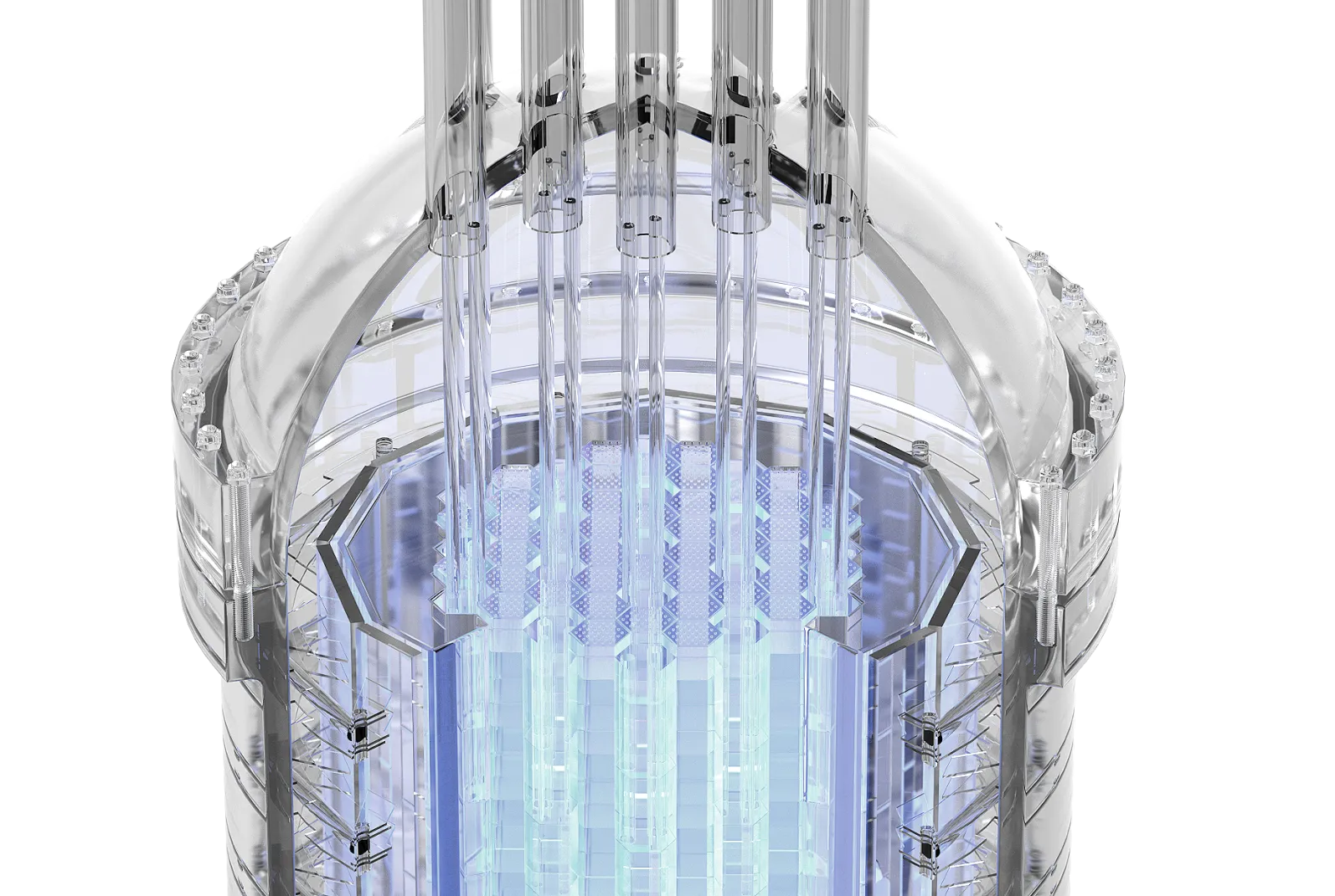 Close-up view of a transparent, futuristic reactor chamber with vertical rods and hexagonal inner structure emitting blue light.